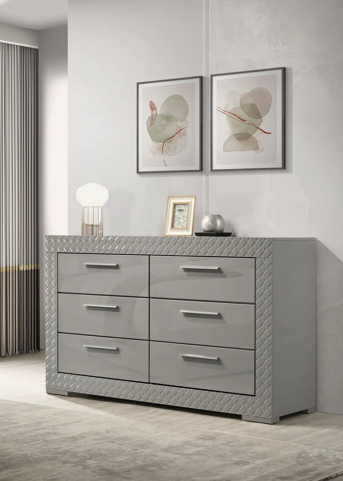 Ives 6-drawer Dresser Cabinet Grey High Gloss | 63 x 18 x 36.5 in | 6-Drawer | Bedroom