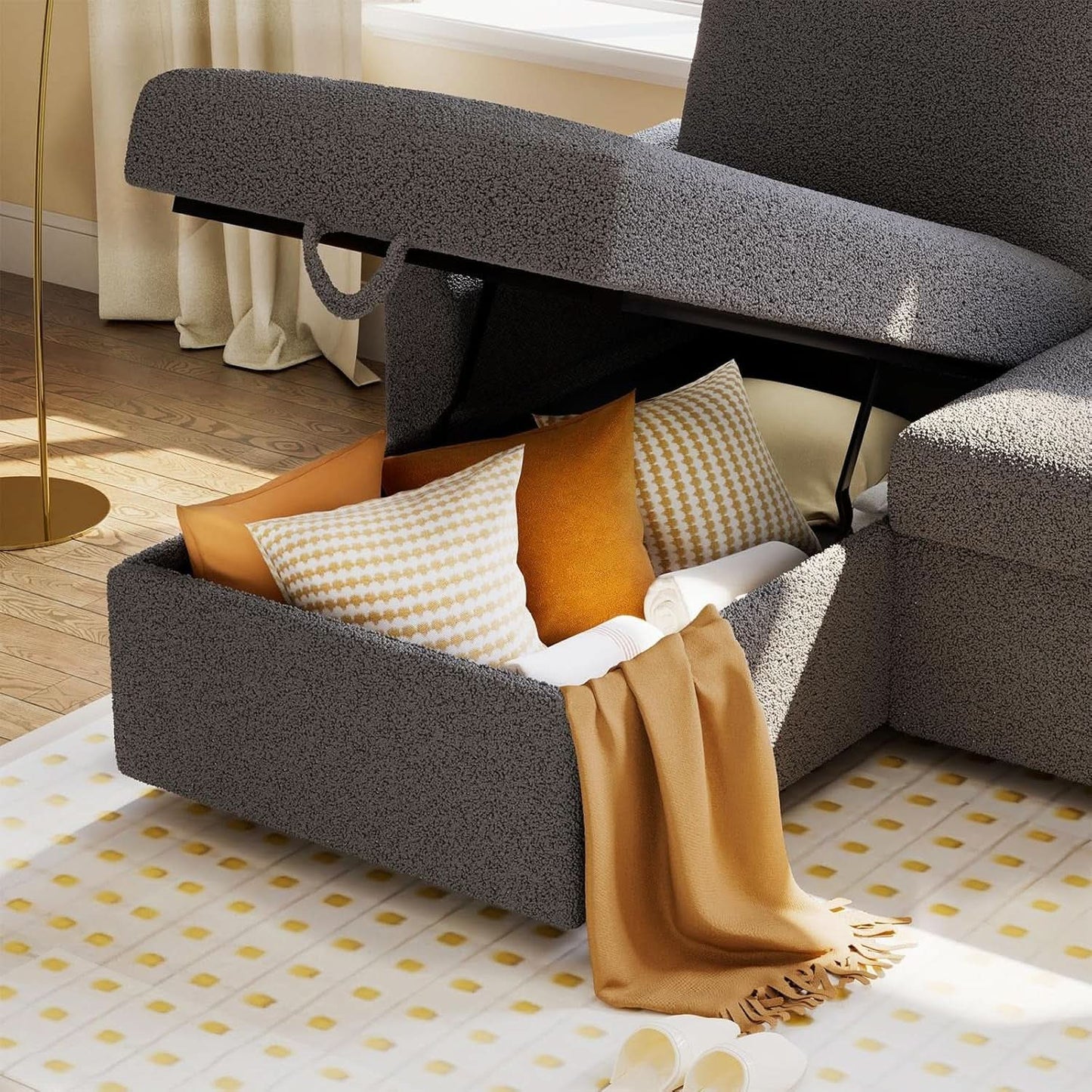 Grey Boucle Upholstered Convertible Sofa Bed Storage from PriceLows™