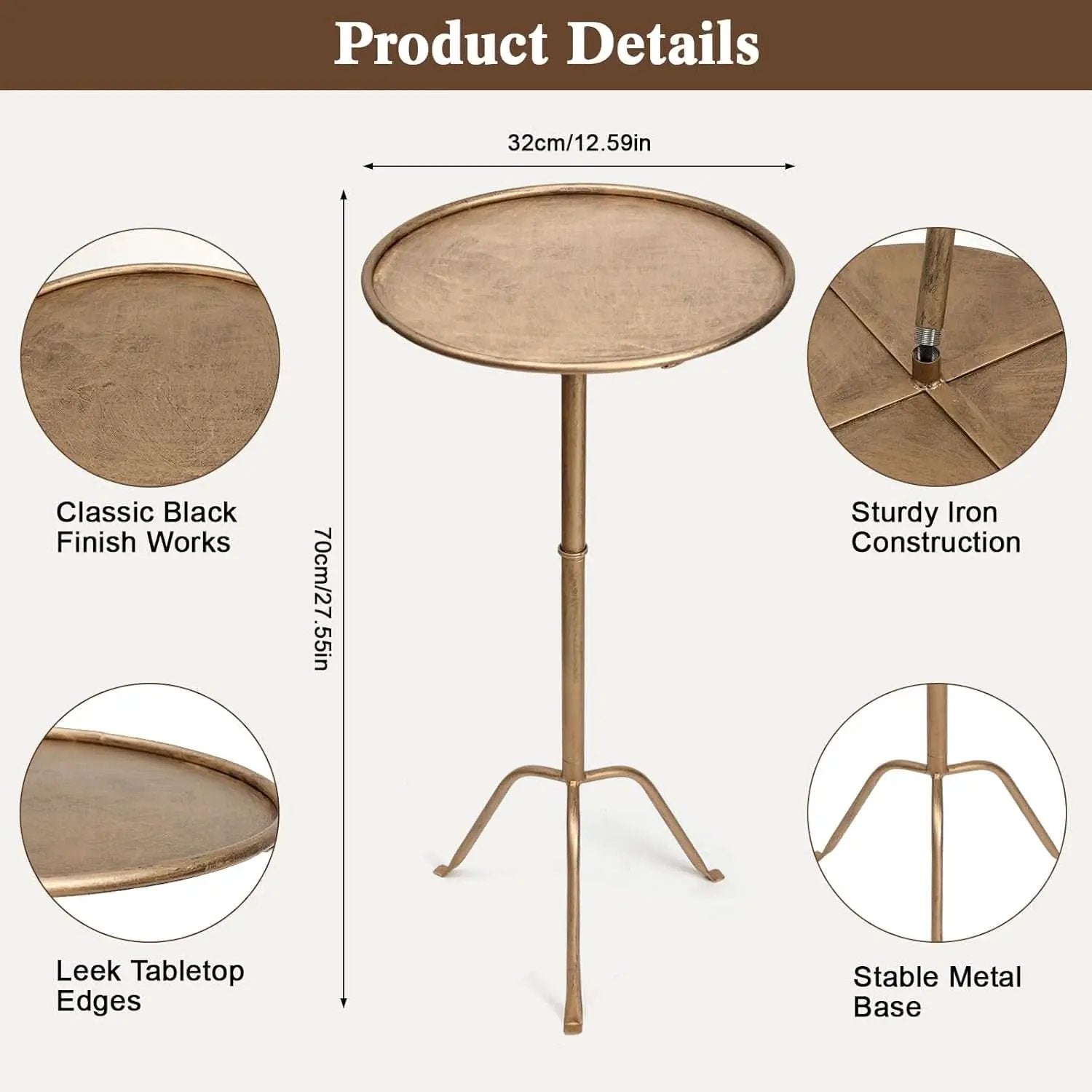 Antique Brass Martini Side Table Compact Raised Edge from PriceLows™