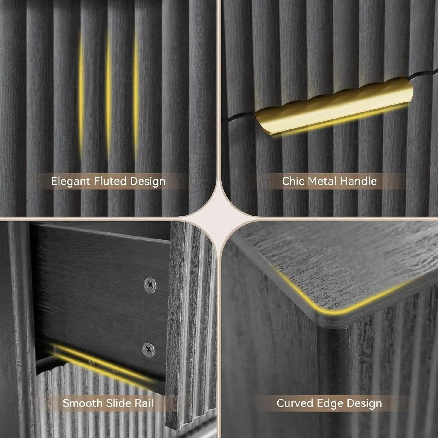 Fluted Nine Drawer Dresser 55 Inch Matte Black With Gold Handles from PriceLows™