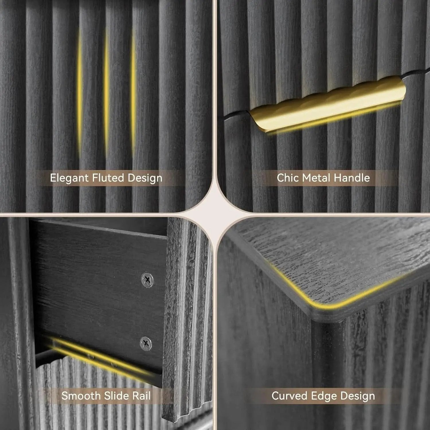 Fluted Nine Drawer Dresser 55 Inch Matte Black With Gold Handles from PriceLows™
