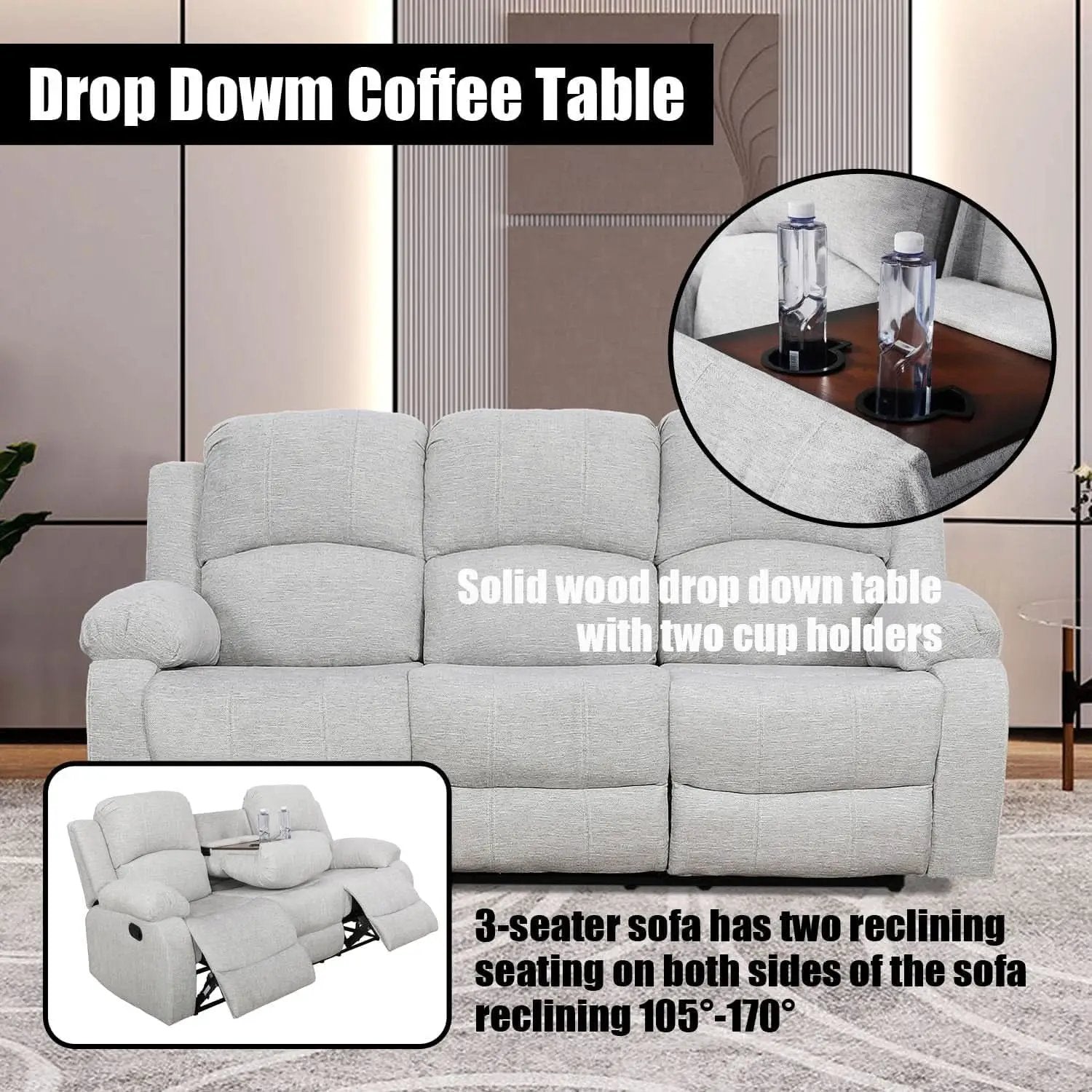 Grey Linen Recliner Sofa Set Featuring Drop Down Table from PriceLows™