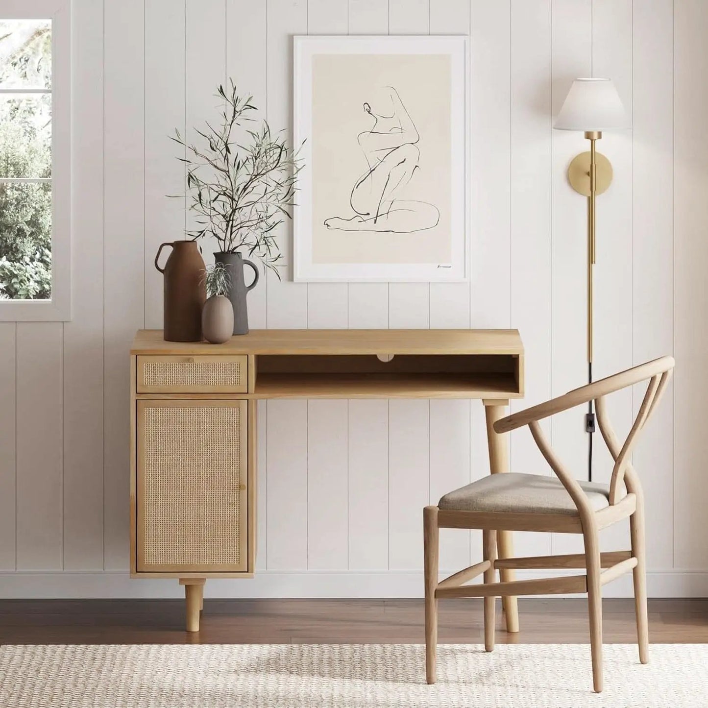 Aaron Modern Desk With Storage In Natural Brown Rattan from PriceLows™