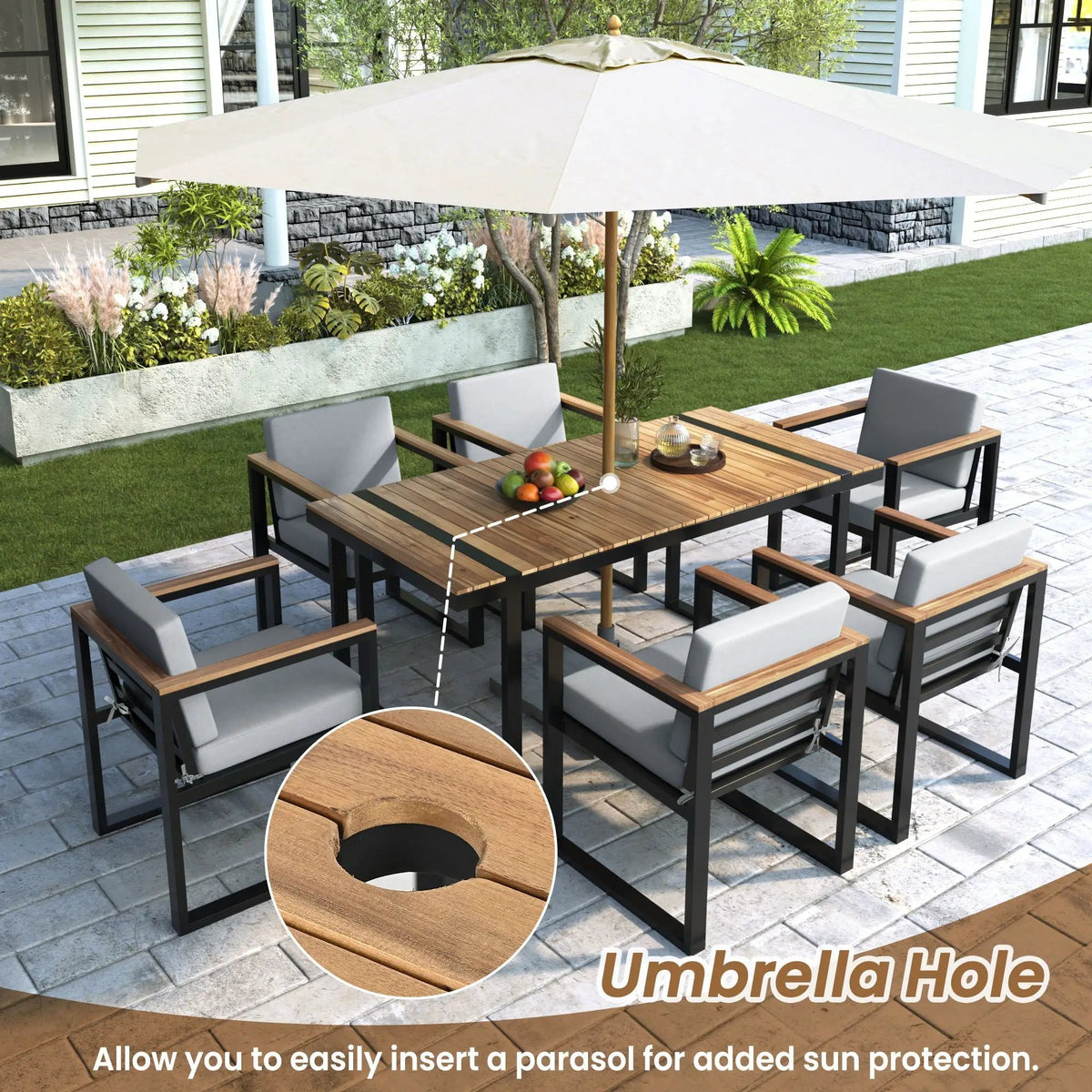 7-Piece Outdoor Dining Set | Acacia Wood And Steel Frame | Removable Cushions | Patio Table And Chairs