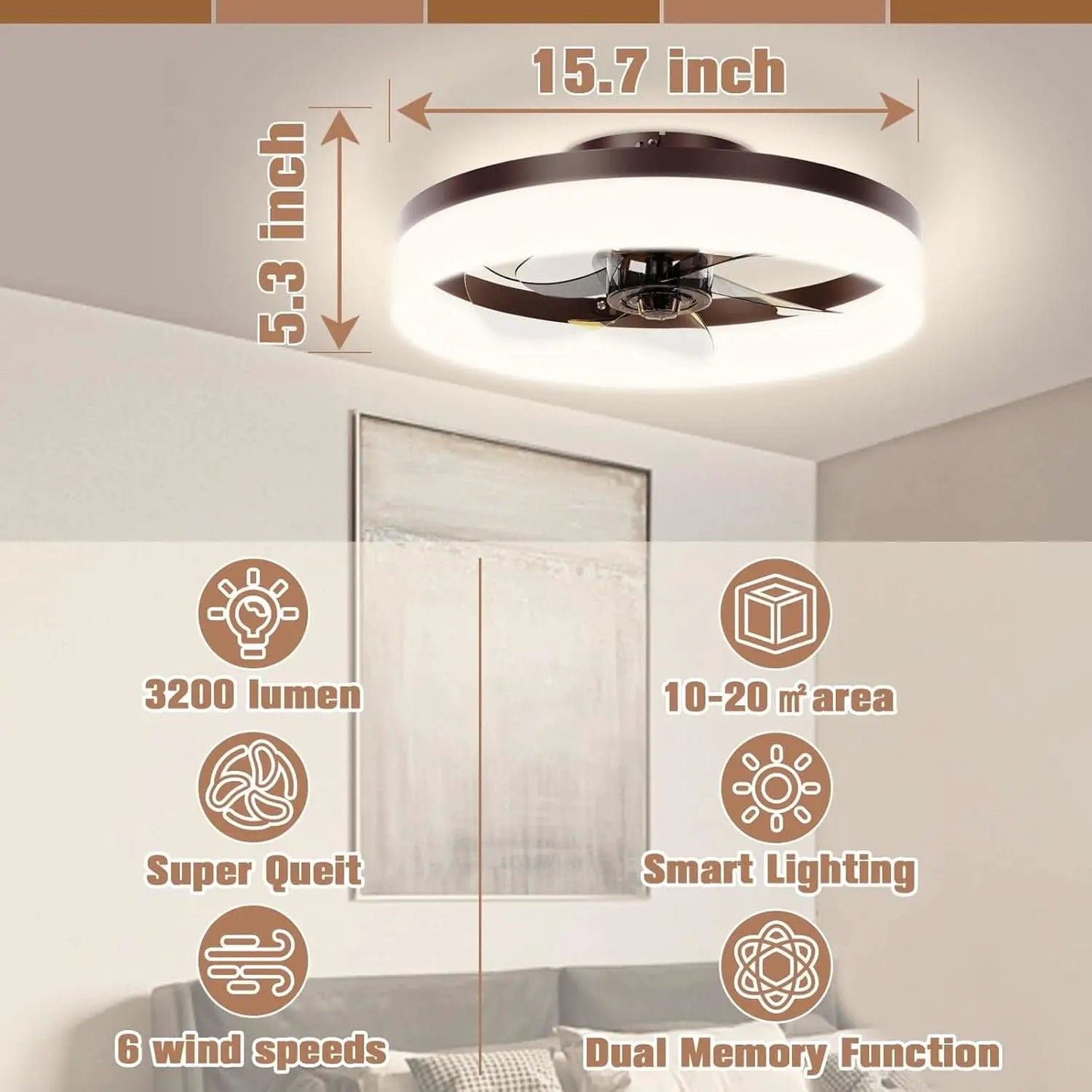 Brown Flush Mount Bladeless Fan Light With Dimmable LED from PriceLows™