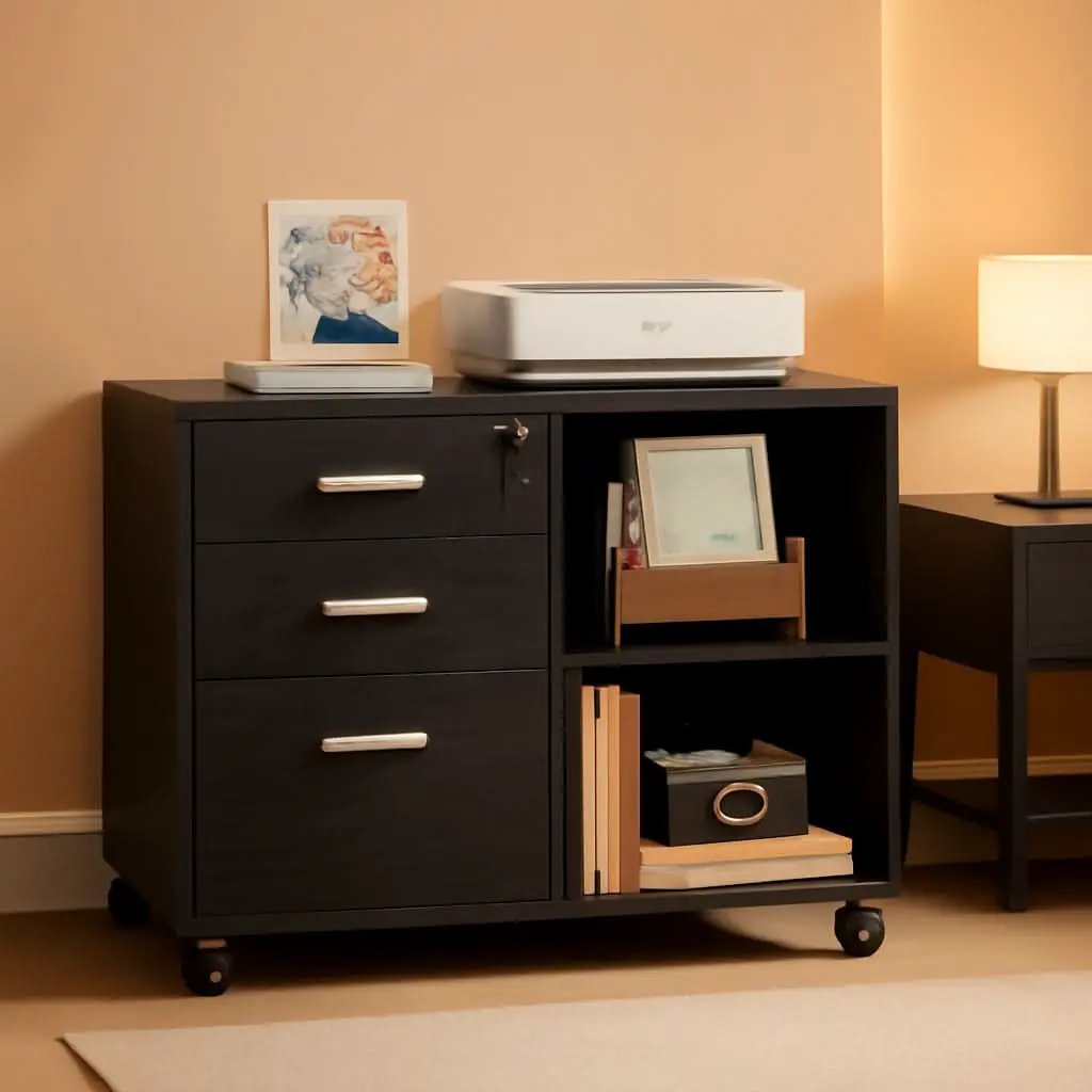 Three Drawer Wood File Cabinet With Lock Black Finish from PriceLows™