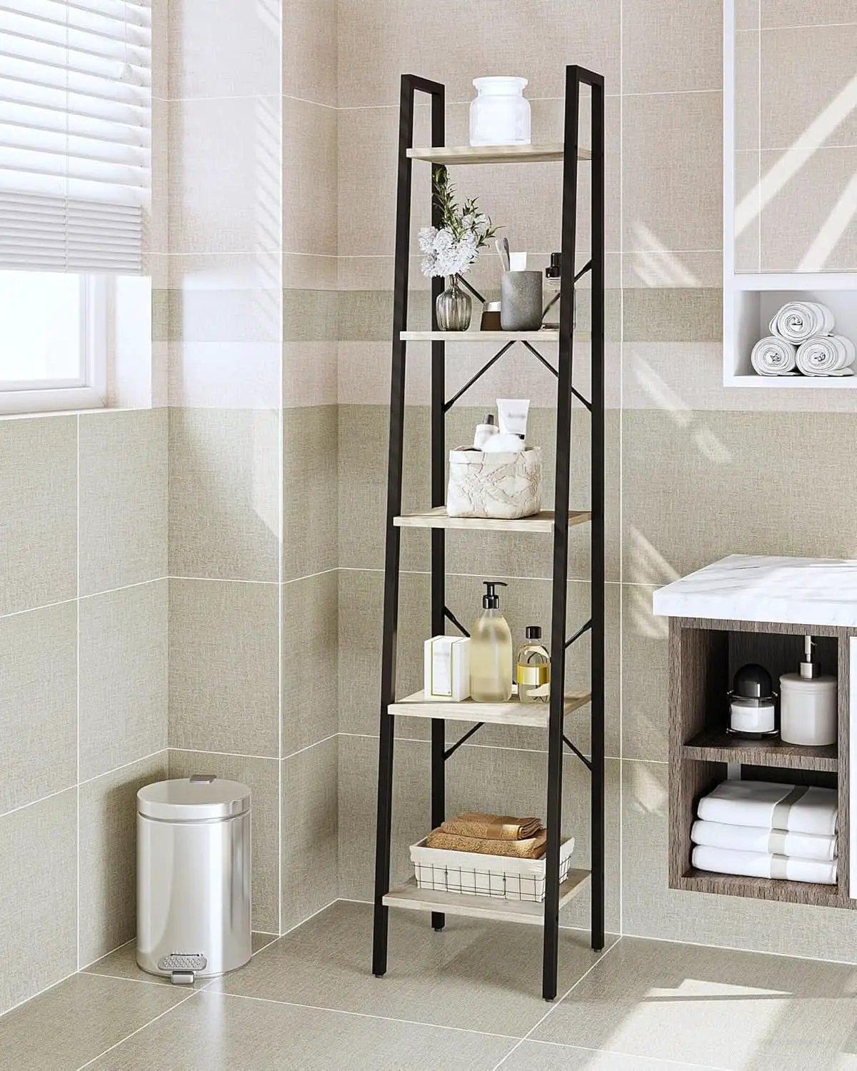 Greige 5 Tier Ladder Shelf Bookcase Freestanding Corner from PriceLows™