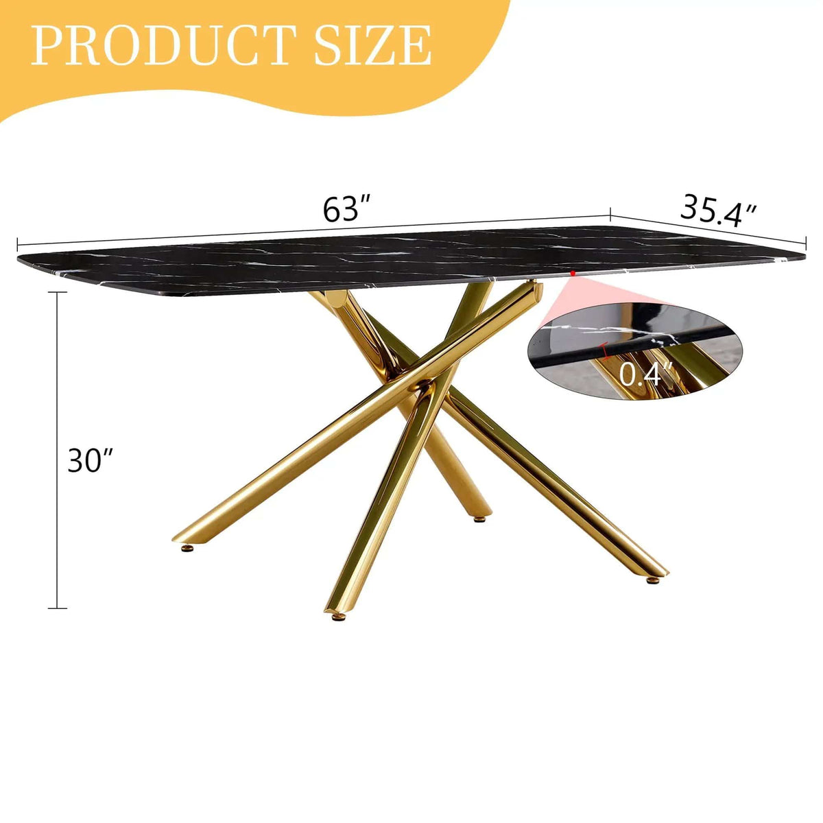 Luxurious Marble Patterned Dining Table With Metal Fork Legs | 63 x 35.4 x 30 in | Marble & Tempered Glass | Dining Room