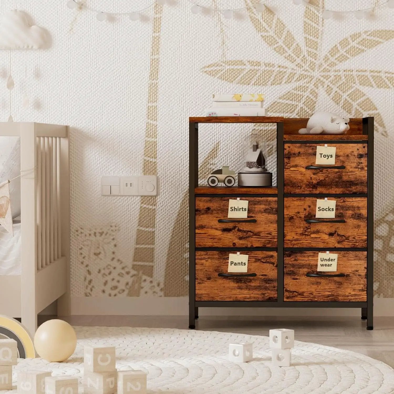 5 Drawer Rustic Brown Dresser With Metal Frame For Bedroom from PriceLows™