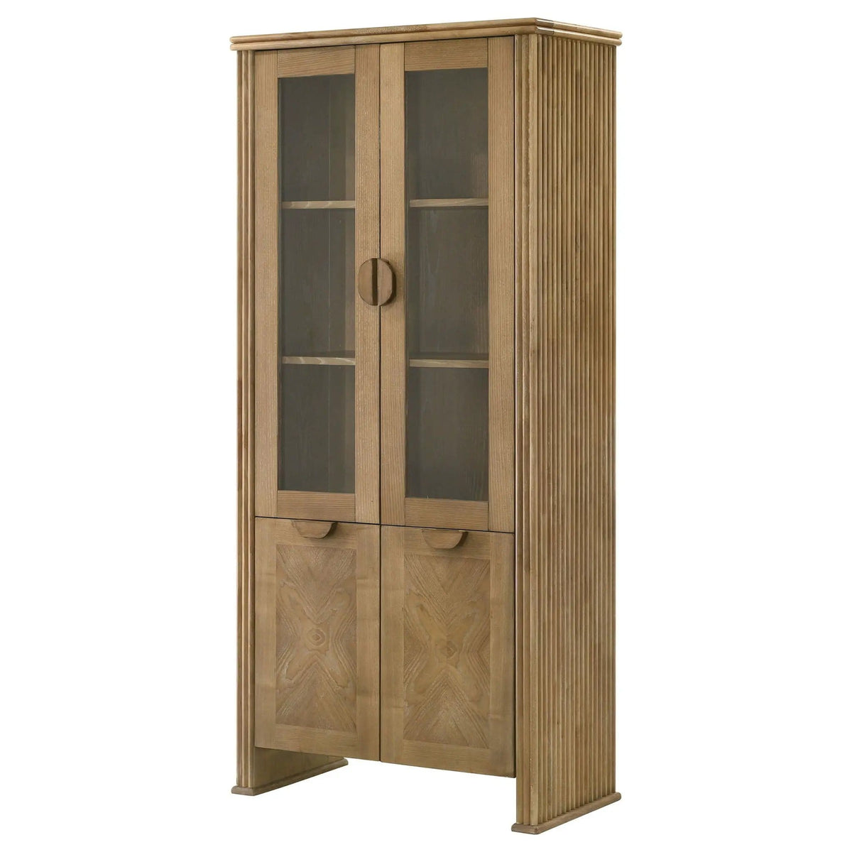 Adina 77-inch Tall Display Cabinet Distressed Light | 35 x 17.75 x 76.5 in | Rubberwood & Engineered Wood | Brown