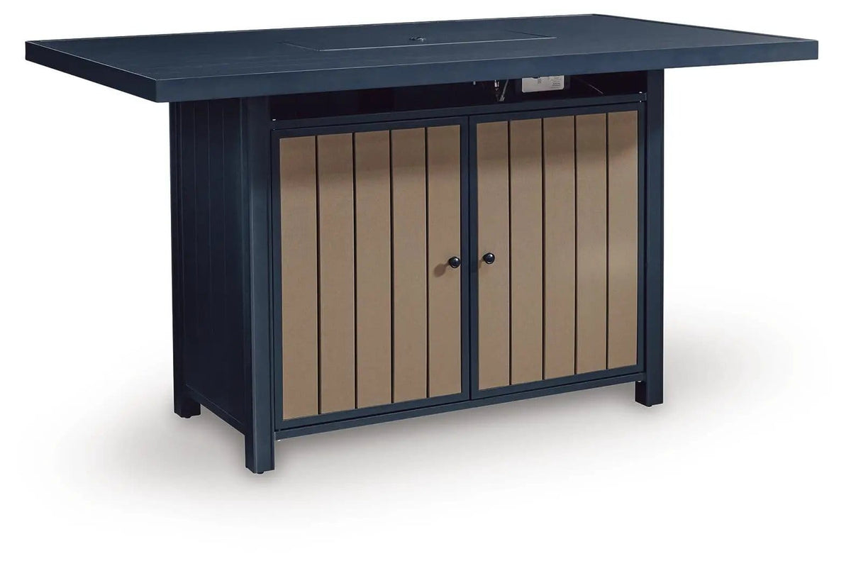 East Beach Rectangular Bar Table With Fire Pit | 70 x 42 x 39 in | Glass & Stainless Steel | Blue