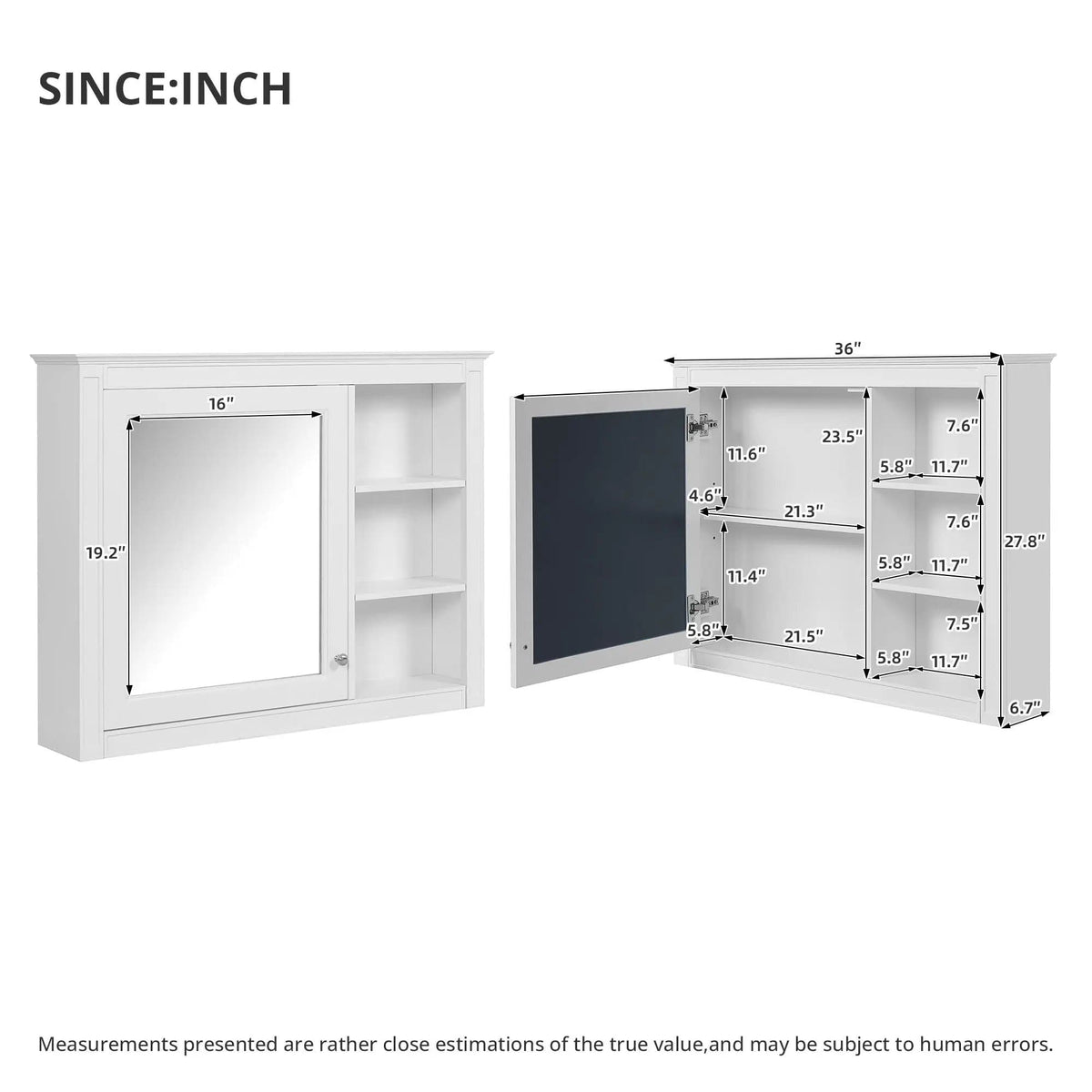 Wall Mounted Medicine Cabinet With Mirror, Adjustable Shelf - | 36 x 6.7 x 28 in | Solid Wood & Glass | White