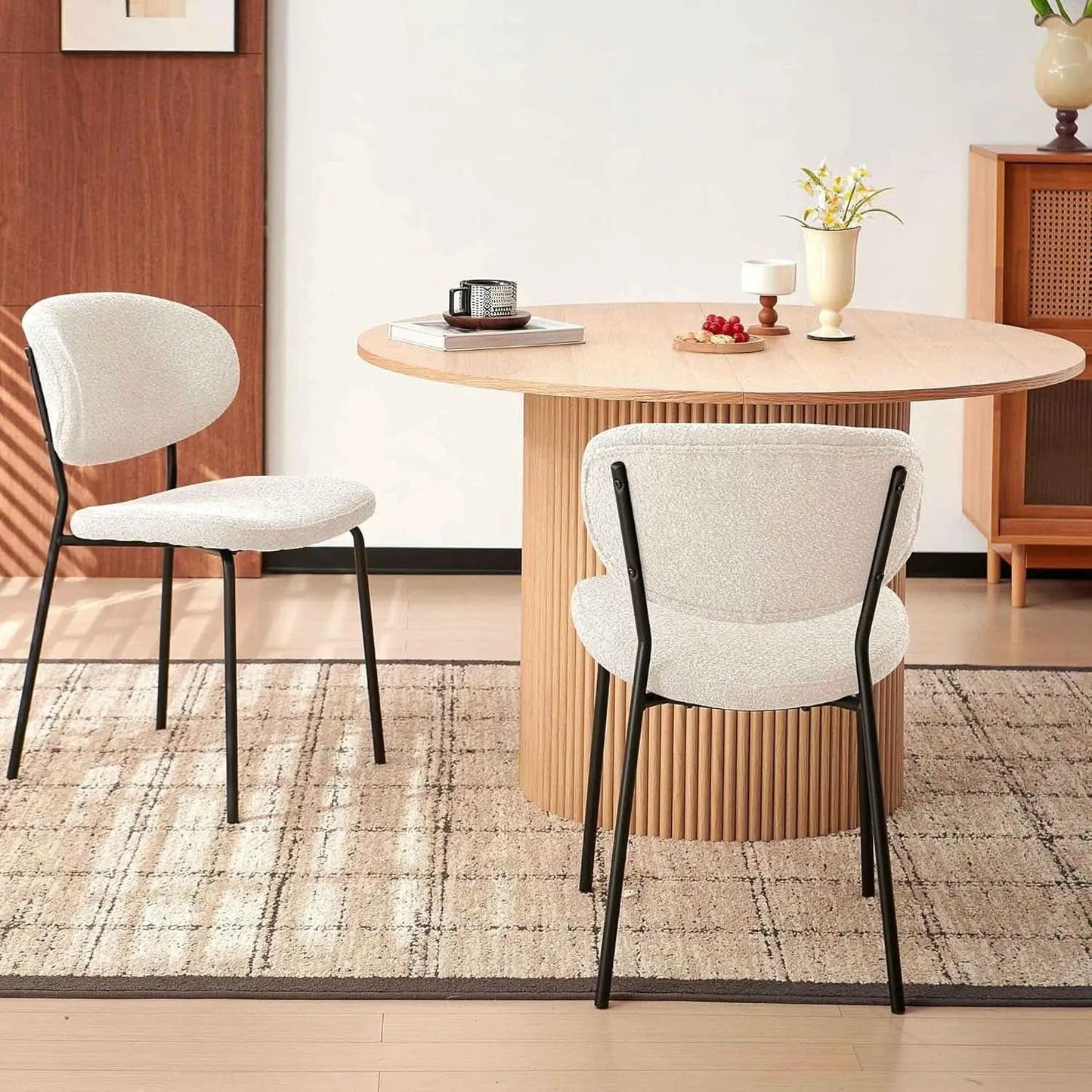 47 Inch Round Dining Table Set Beige Oak Boucle Padded Seating from PriceLows™