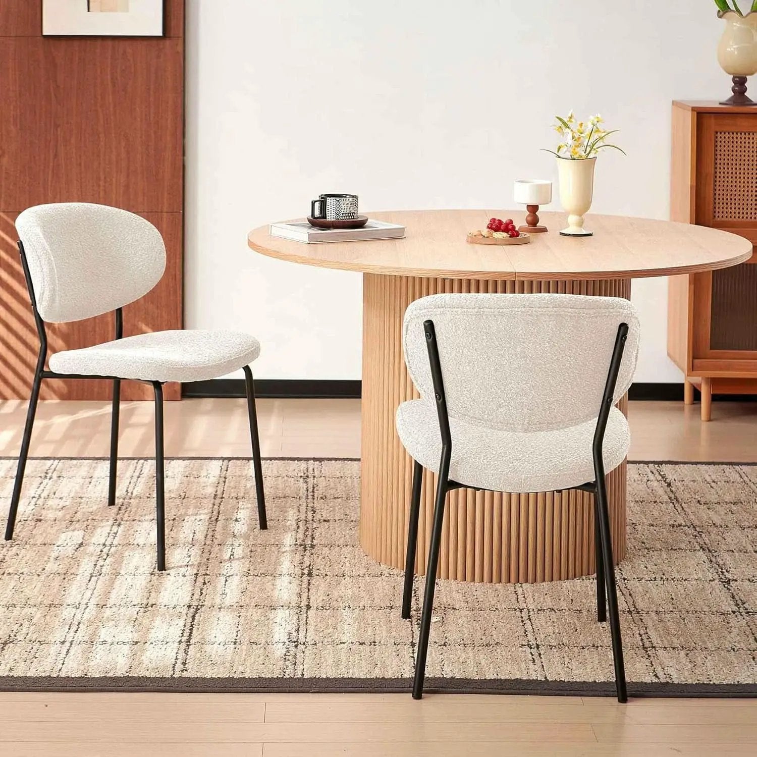 47 Inch Round Dining Table Set Beige Oak Boucle Padded Seating from PriceLows™