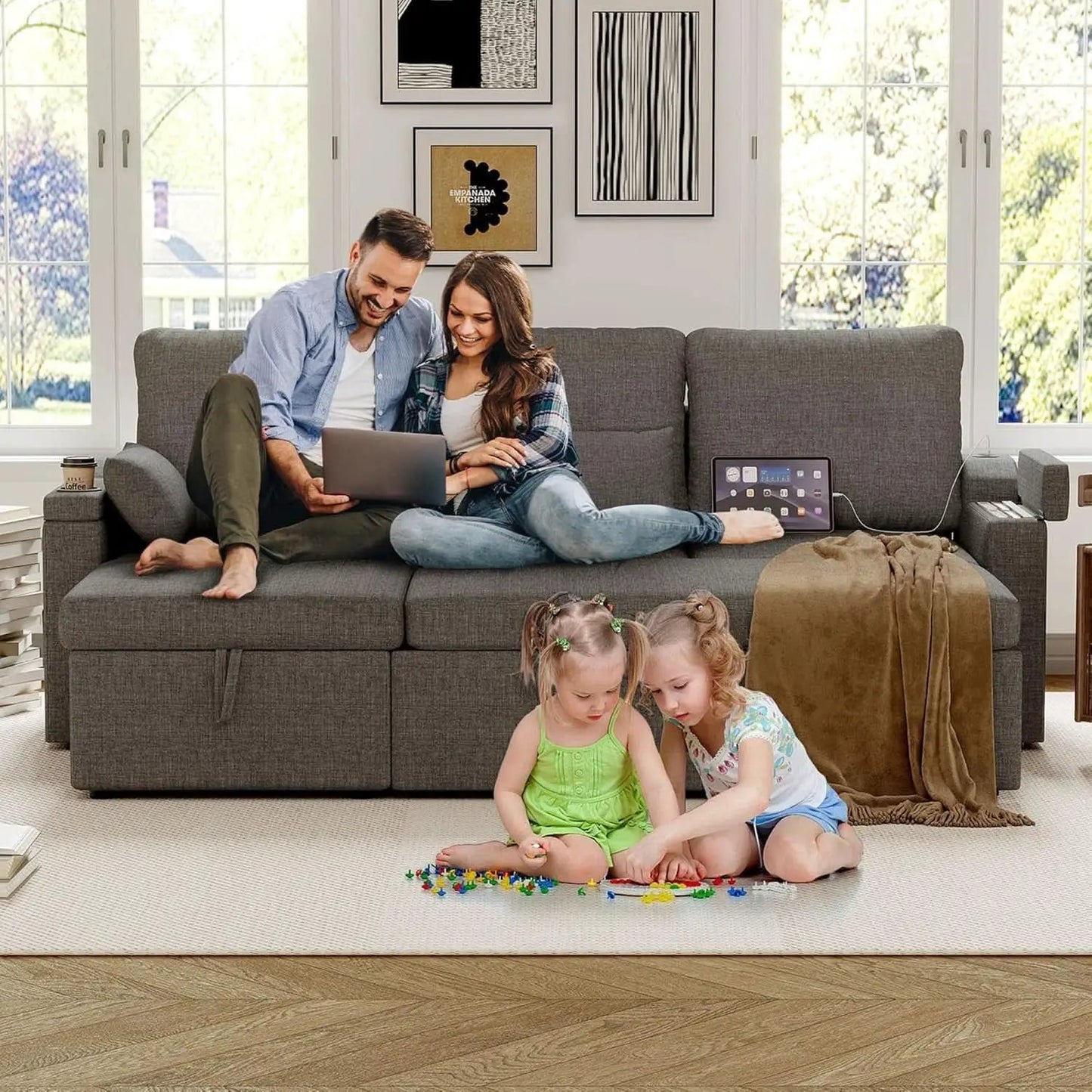 Charcoal LShaped Convertible Sleeper Sofa USB Ports from PriceLows™