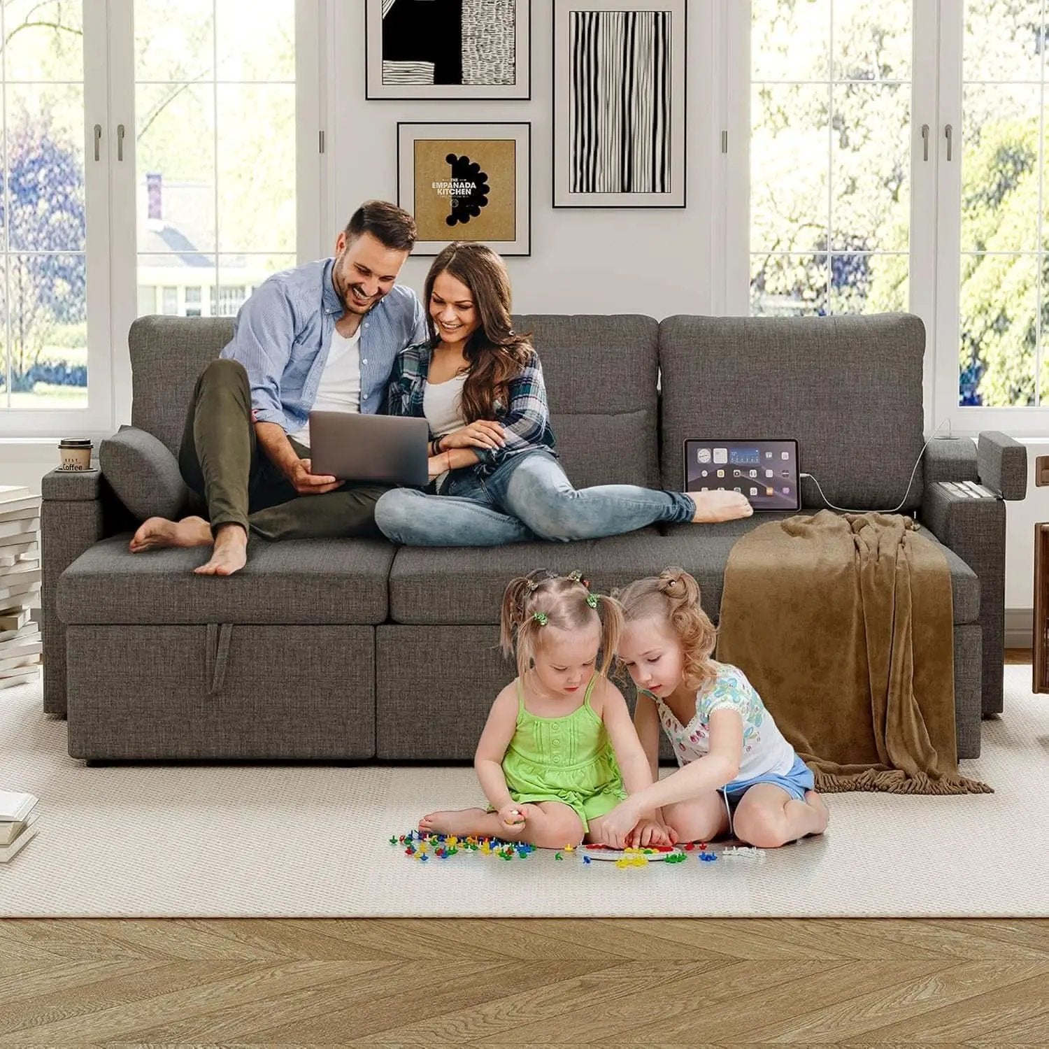Charcoal LShaped Convertible Sleeper Sofa USB Ports from PriceLows™