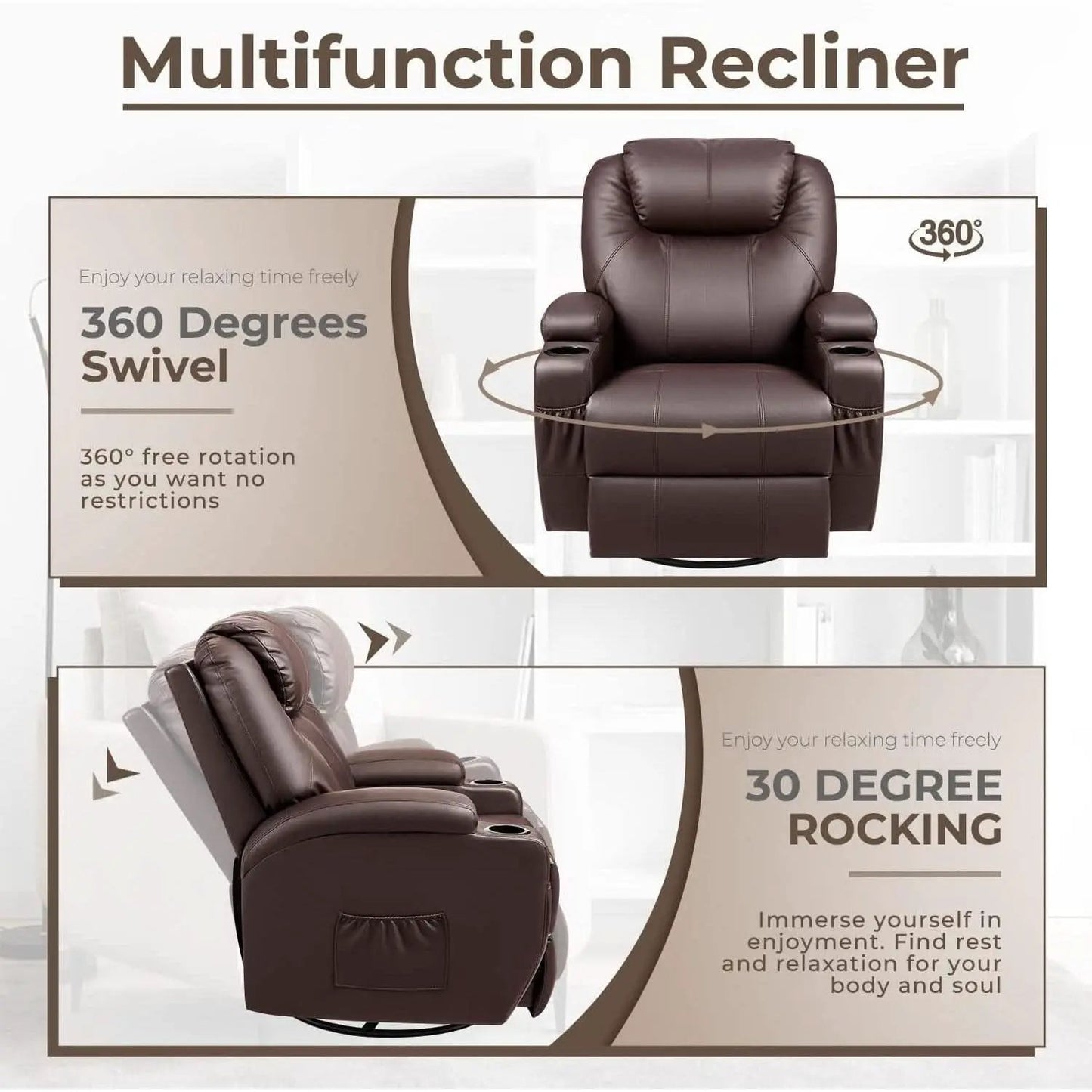 PU Leather Recliner Chair With Massage And Heat Brown from PriceLows™