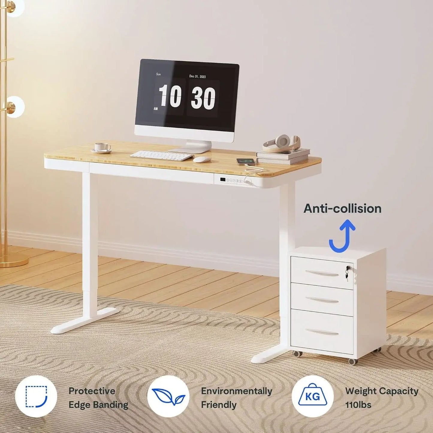 Electric Standing Desk USB Ports And Drawer Bamboo White from PriceLows™