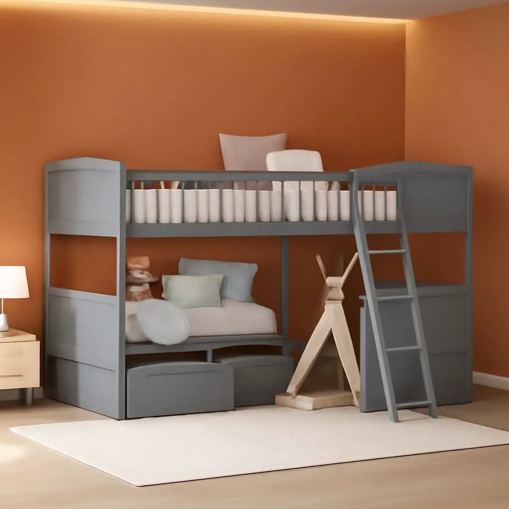 Triple Bunk Bed for Kids L Shaped Solid Wood Gray Twin Size from PriceLows™