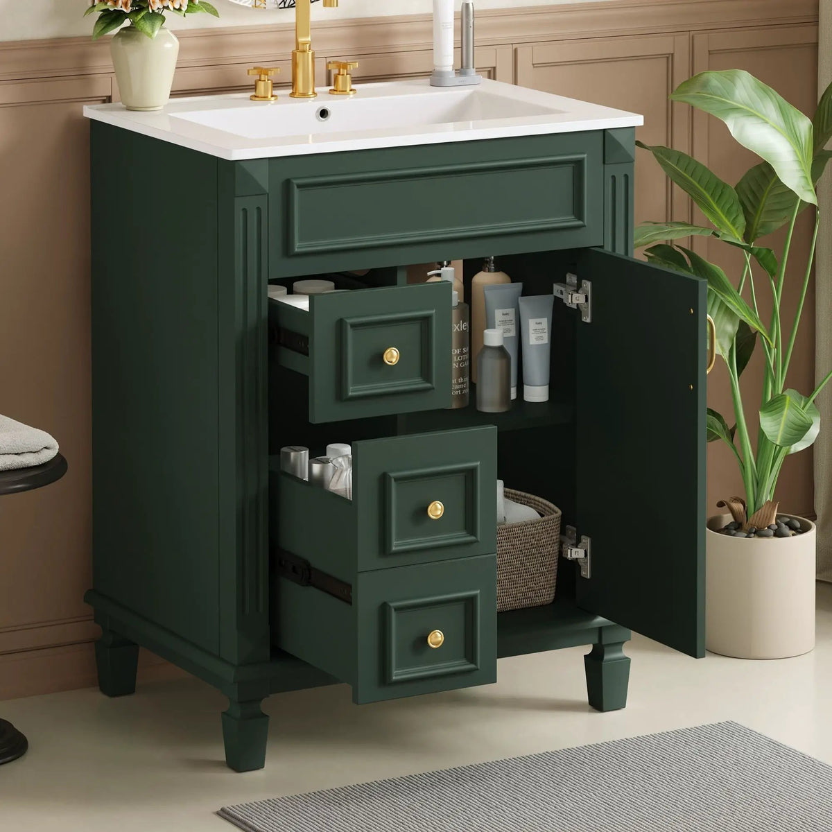 24 Inch Compact Bathroom Vanity | 2 Deep Drawers | Adjustable Shelf | Retro Button Handles