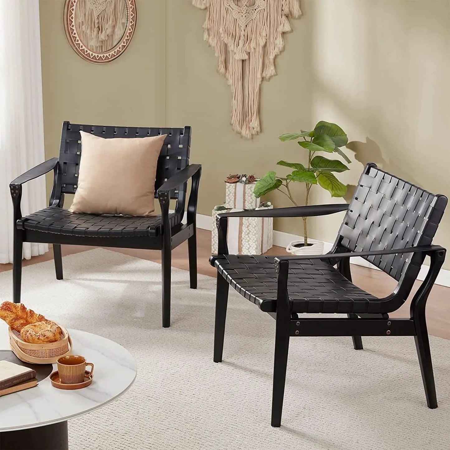 Scandinavian Woven Leather Chair With Natural Wood Frame from PriceLows™