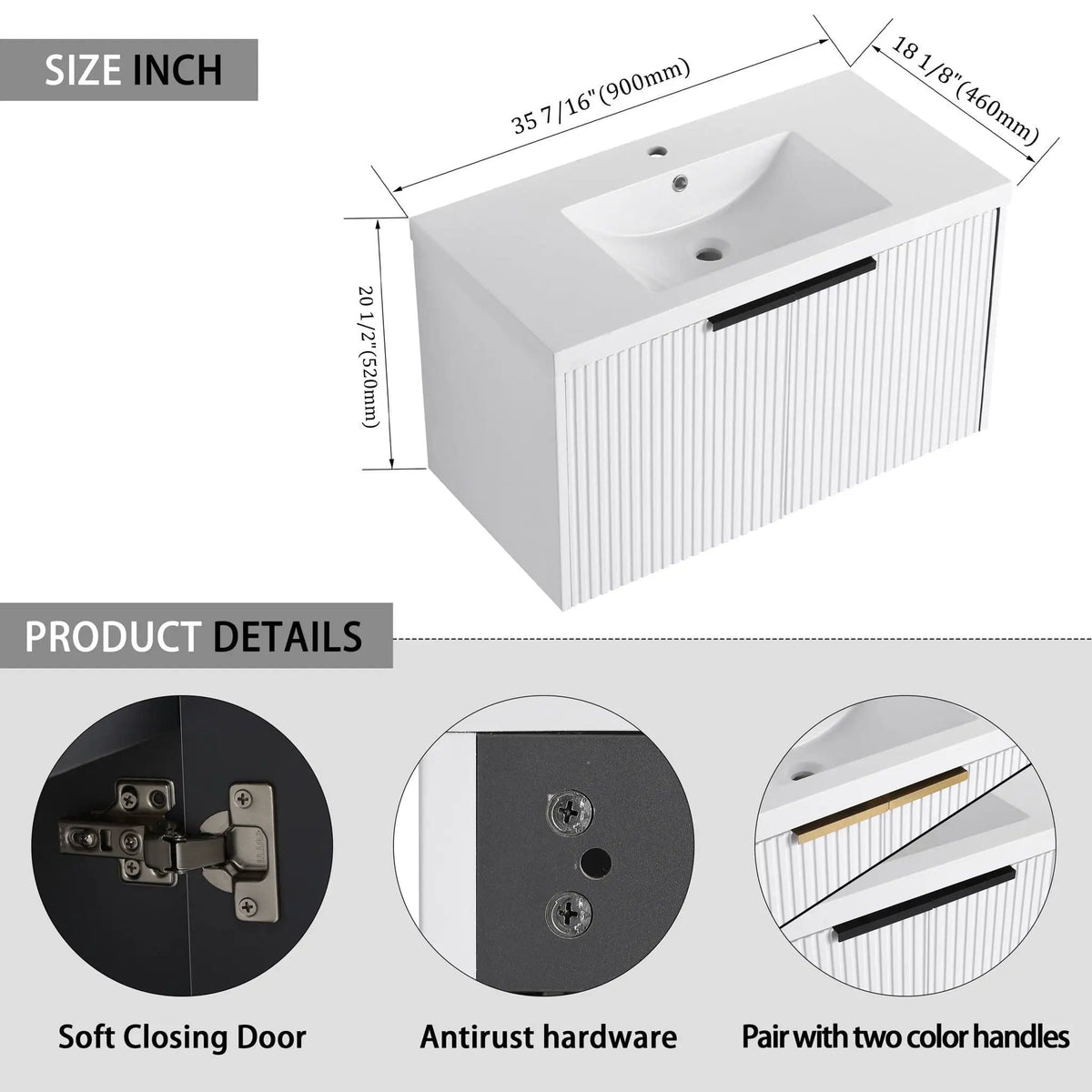 Contemporary Wall Mounted Bathroom Vanity With Resin Double Sink | 6 Pieces | Metal & Plywood | Bathroom