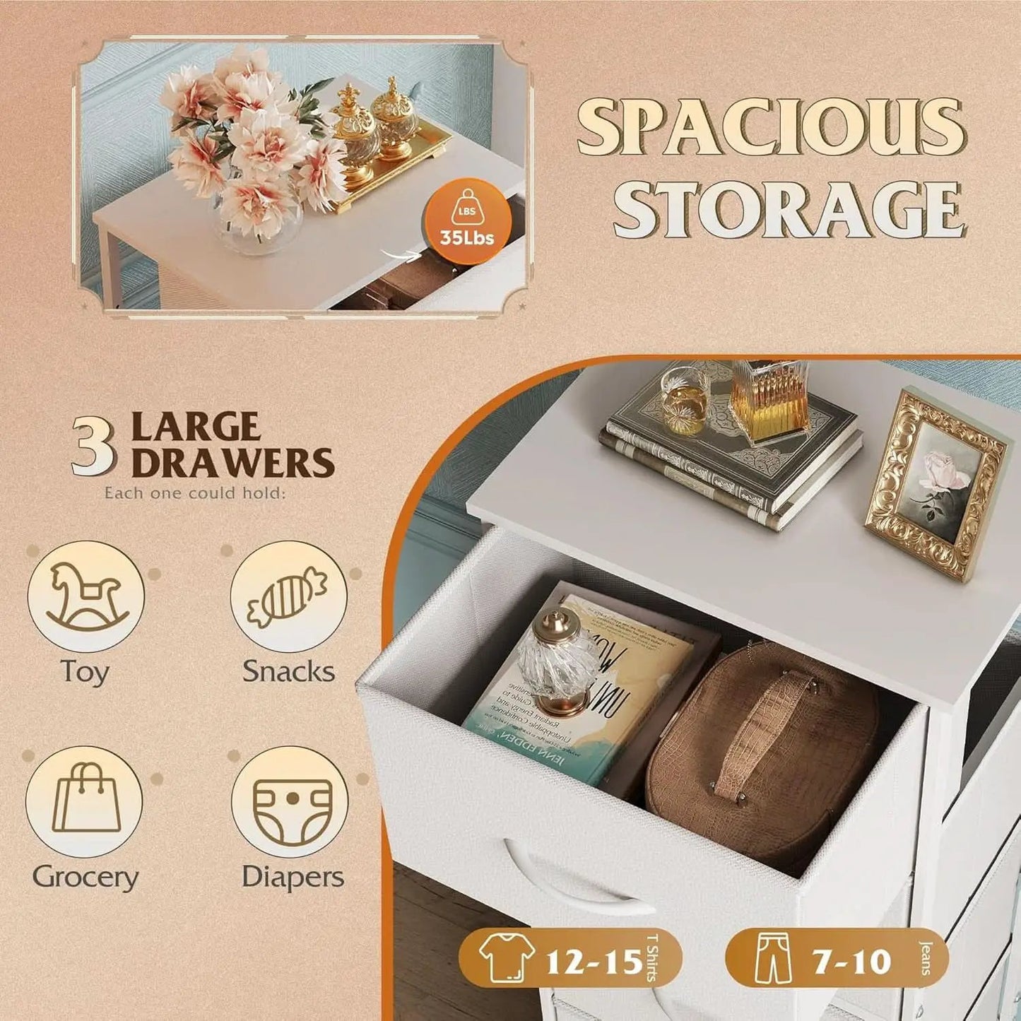 White Dresser With 3 Drawers And Wheels Wood Top Storage from PriceLows™