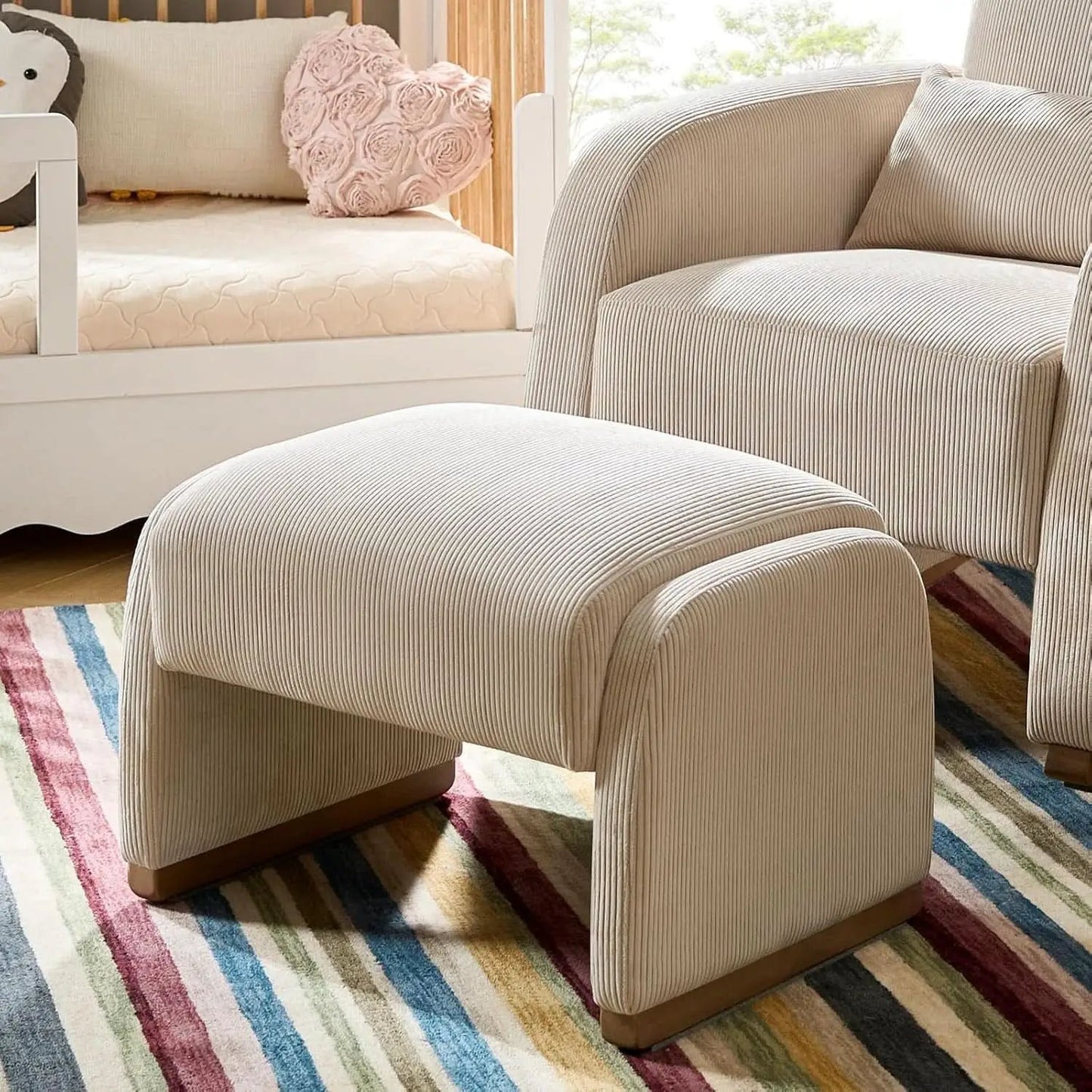 Beige Corduroy Ottoman With Contemporary Wood Legs from PriceLows™