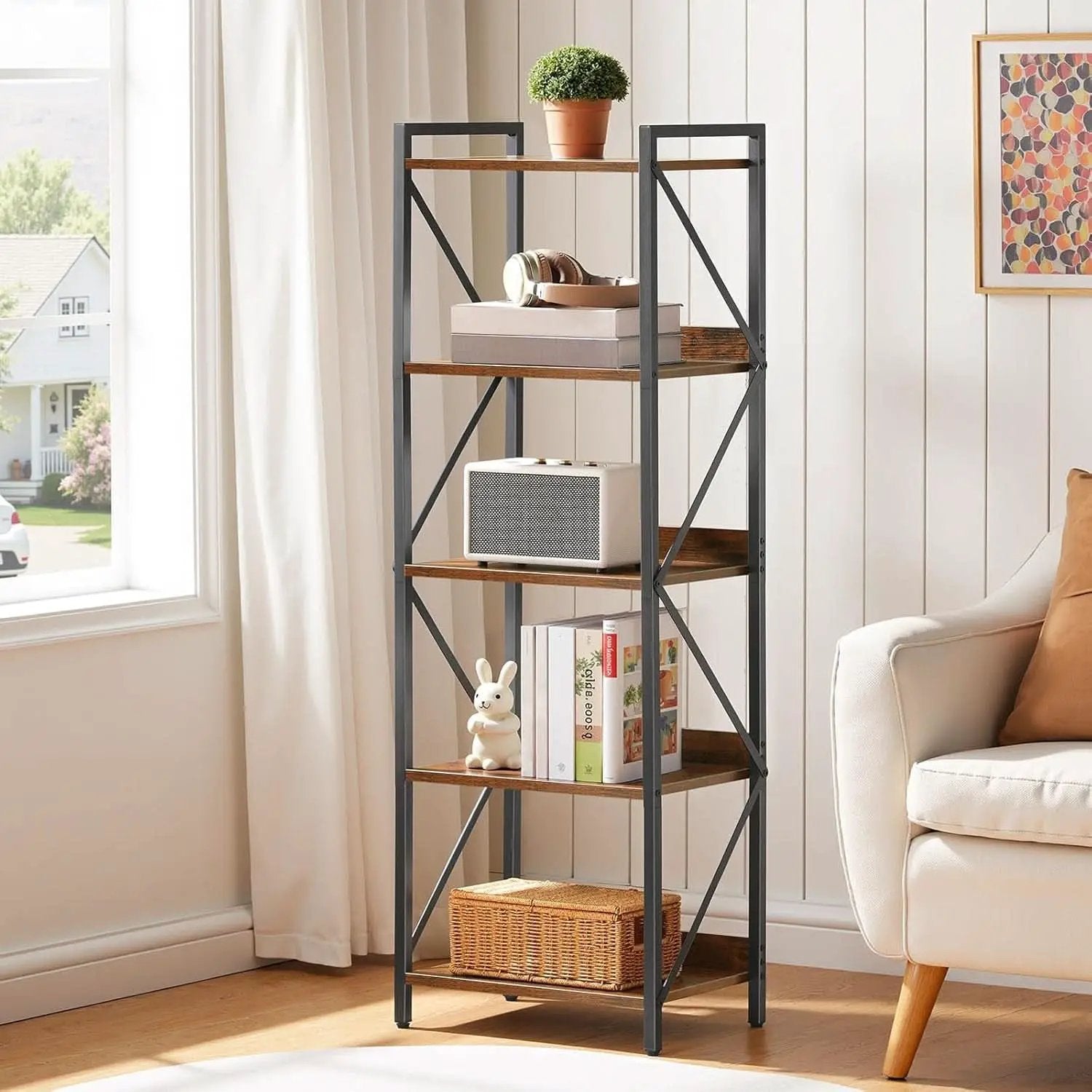 Industrial 5-Tier Bookshelf With Metal Frame 52-Inch Brown from PriceLows™