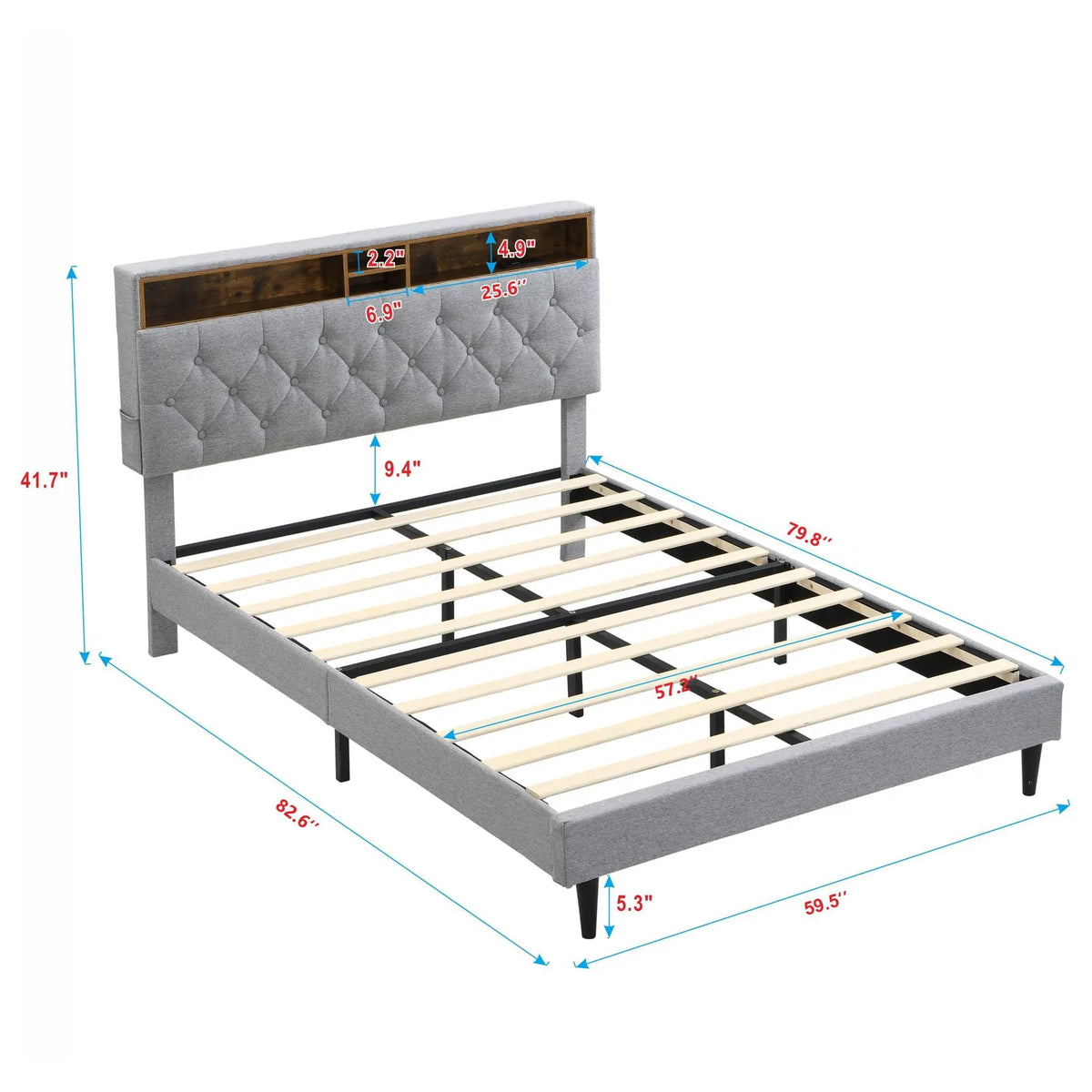 Upholstered Platform Bed Frame | Button Tufted Headboard | Two Storage Compartments | USB Ports And Outlets