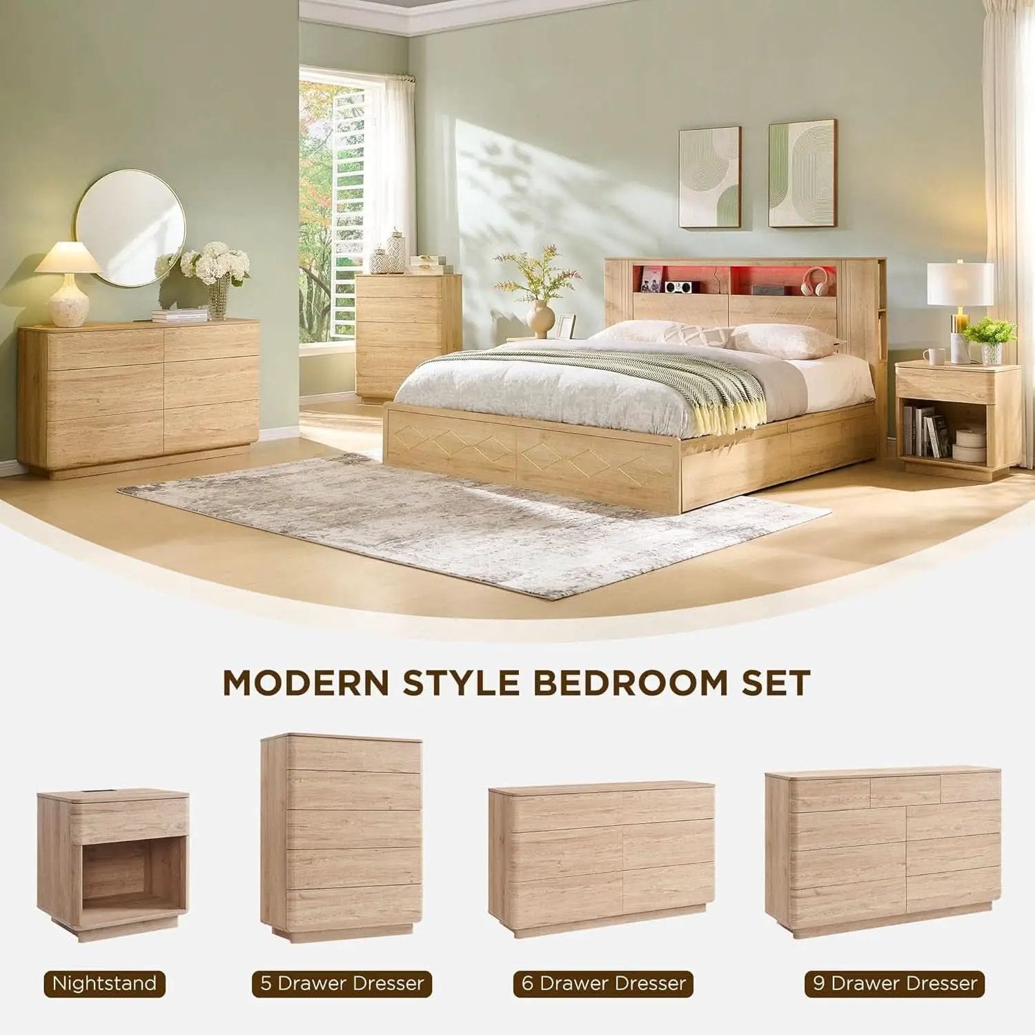 Contemporary 52 Inch Wide Nine Drawer Dresser Oak Finish from PriceLows™