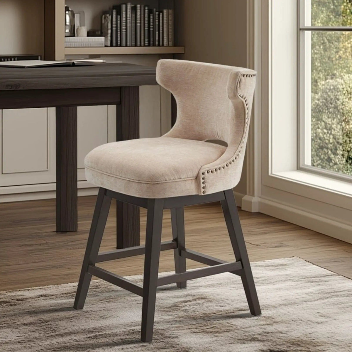 360 Degree Swivel Counter Stool With Silver Detailing Counter Height (24"-27") | 22 x 21 x 37 in | Solid Wood & Fabric | Home