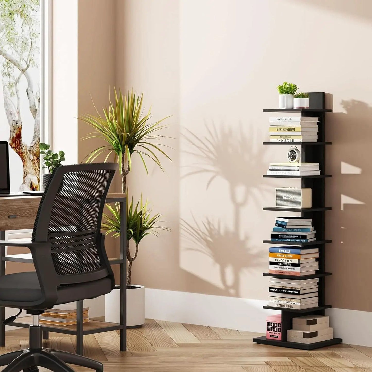 Vertical 8 Tier Bookshelf Black For Small Spaces Bookcase from PriceLows™