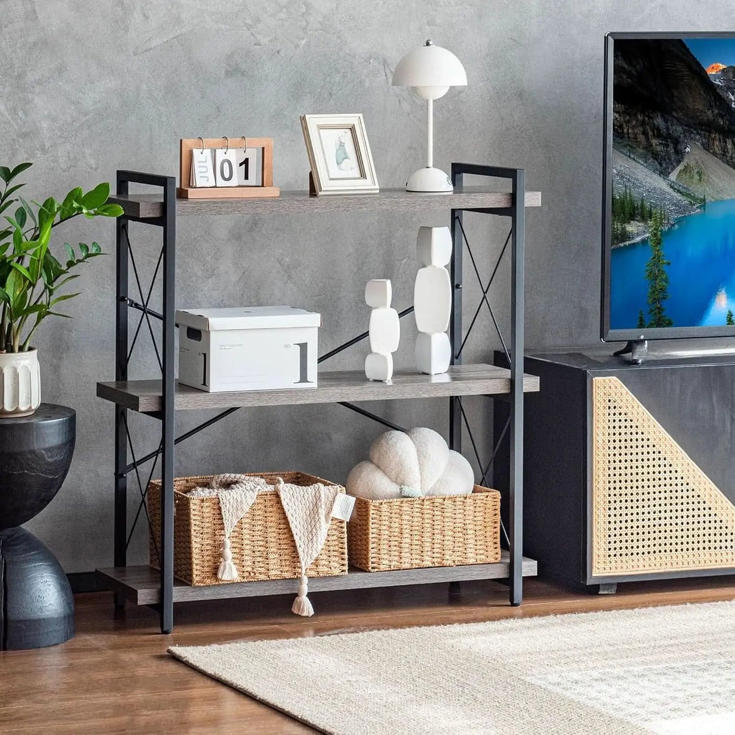 Three Tier Industrial Bookshelf With Rustic Open Metal Frame from PriceLows™