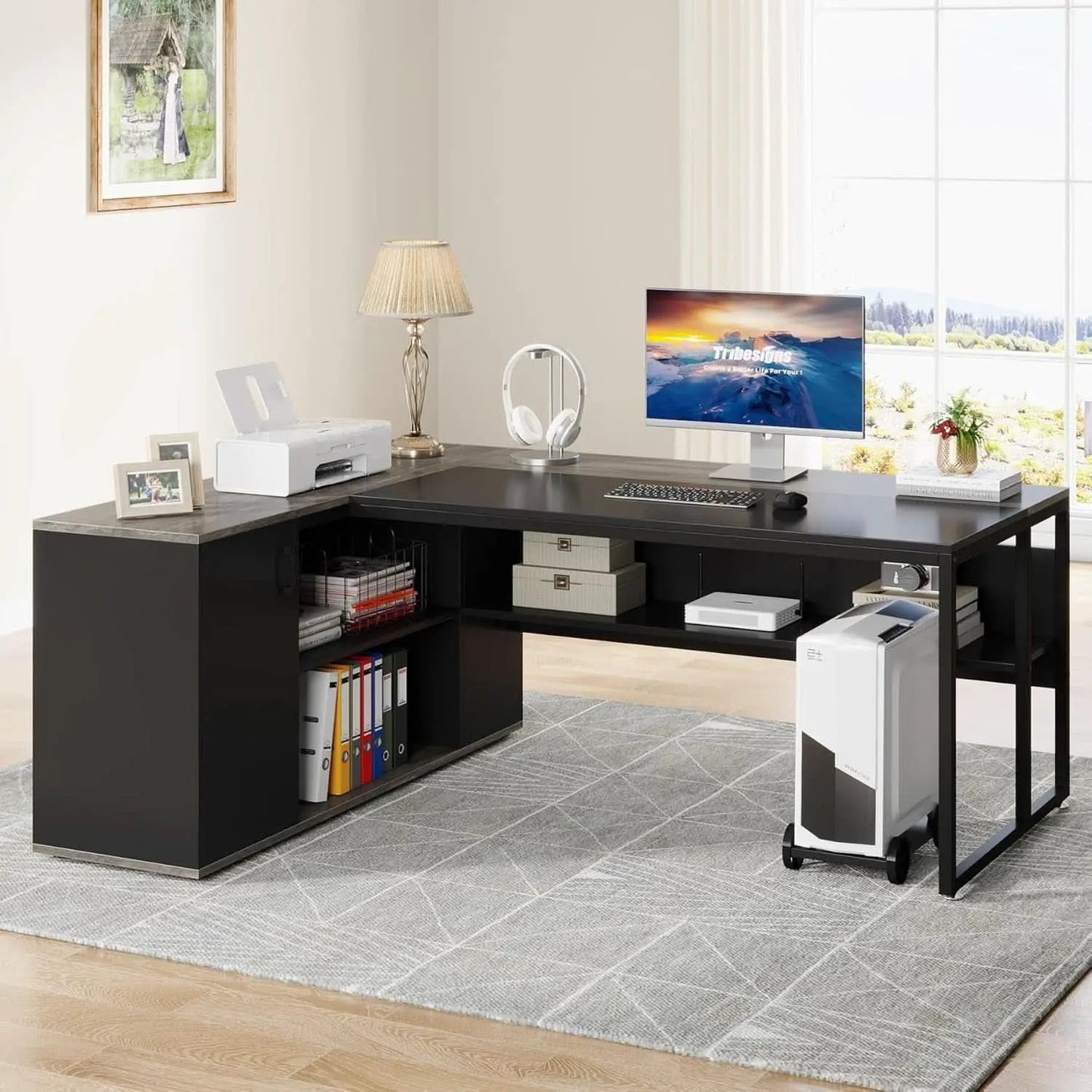 71 Inch Gray L Shaped Desk With Cabinet Storage For Home Office from PriceLows™