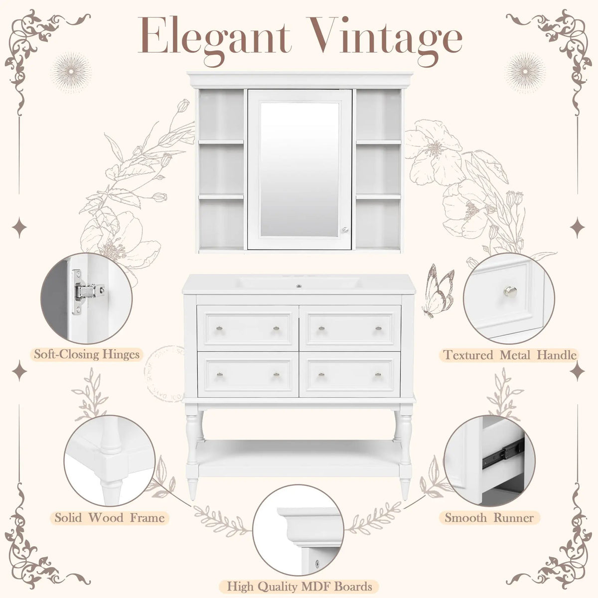 Bathroom Vanity With Medicine Cabinet | 4 Extension Drawers | Adjustable Shelf Mirror | Solid Wood Frame