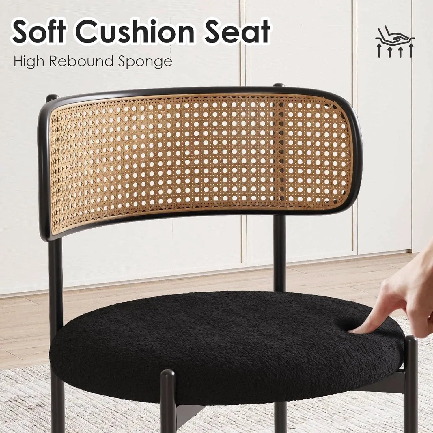 Set Of 4 Dining Chairs Mid Century Modern Rattan Back Upholstered Sherpa Black from PriceLows™