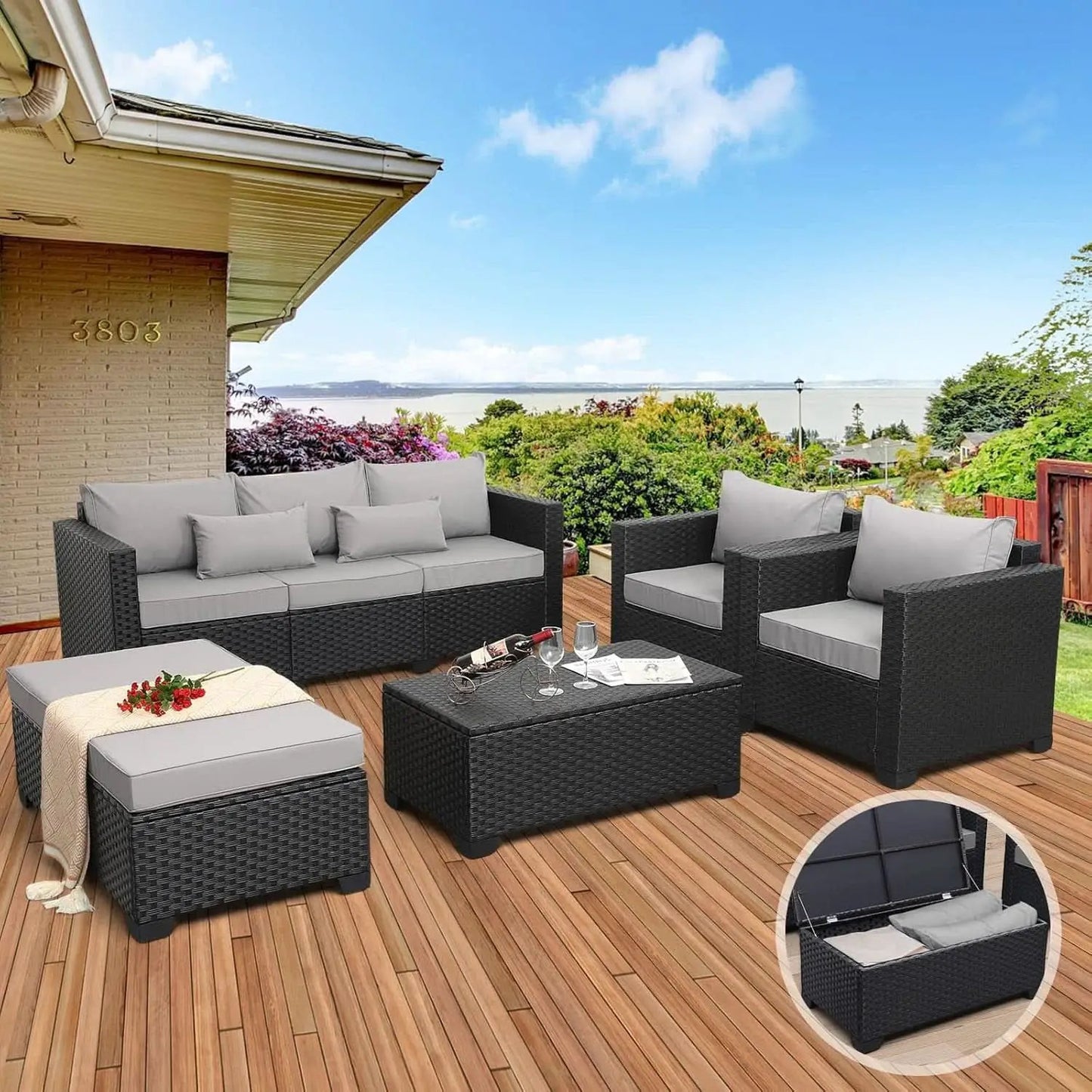 Six Piece Outdoor Wicker Furniture Set With Grey Cushions from PriceLows™
