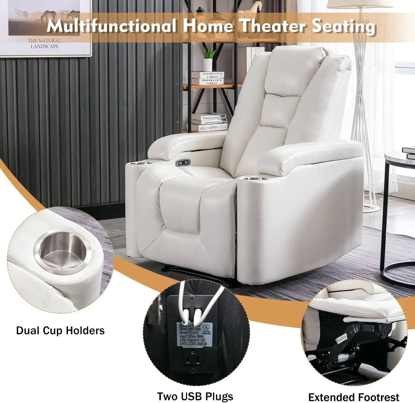 White Power Recliner Chair Set Of 2 With USB Ports from PriceLows™