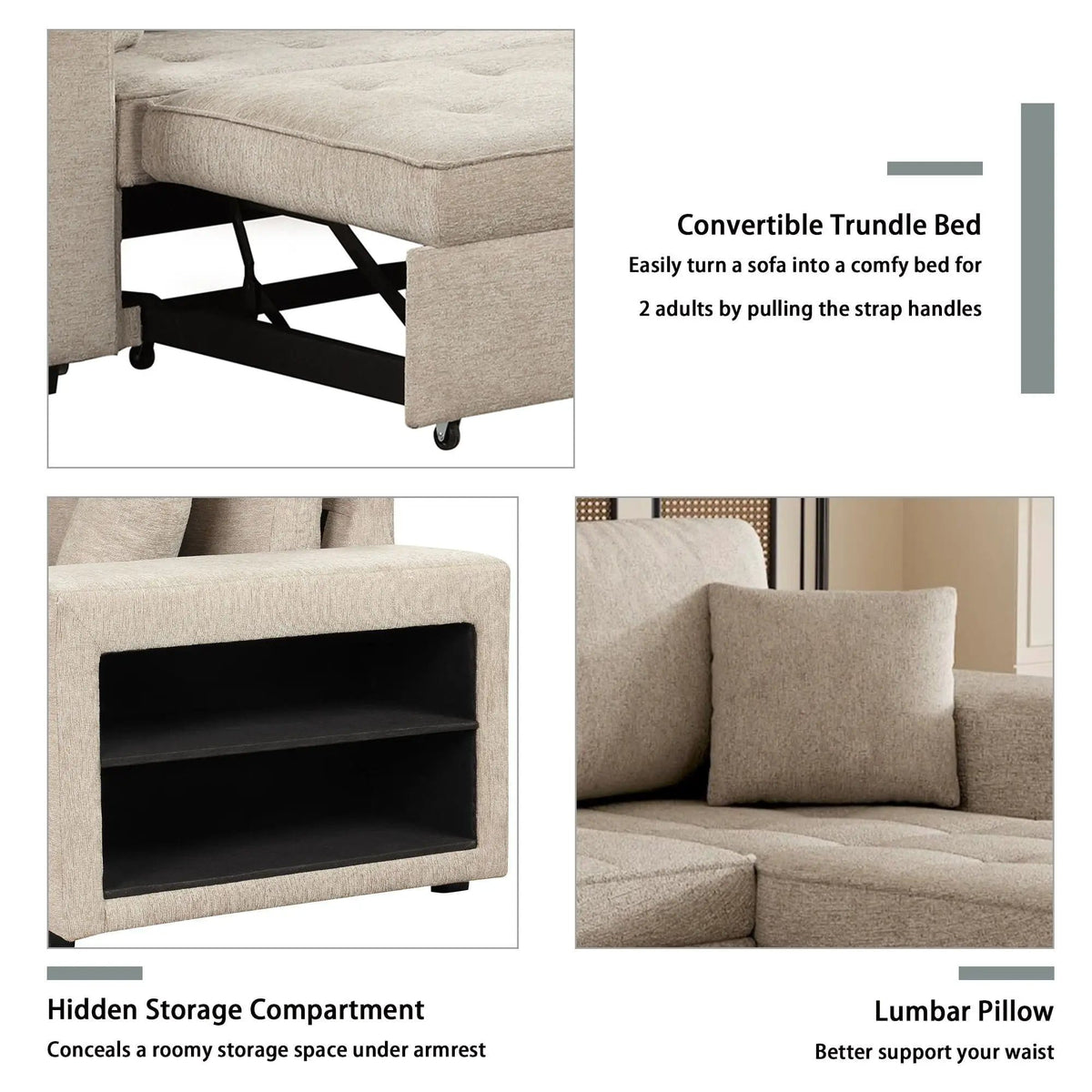 Modern L-Shape 3 Seat Reversible Sectional Couch, Pull Out Sleeper Sofa With Storage | 4 Pieces | Fabric | Living Room