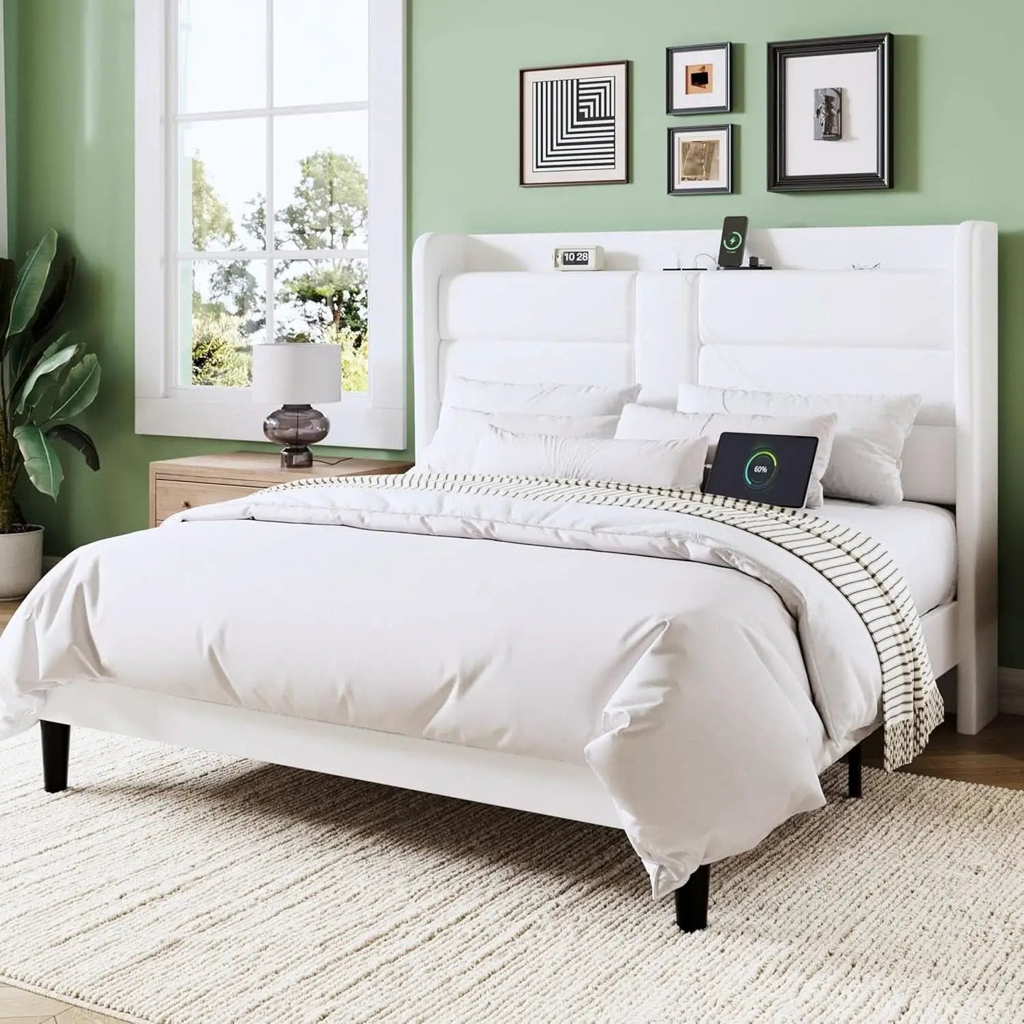 Full Size Platform Bed Frame With USB Charging Station And Storage Headboard from PriceLows™