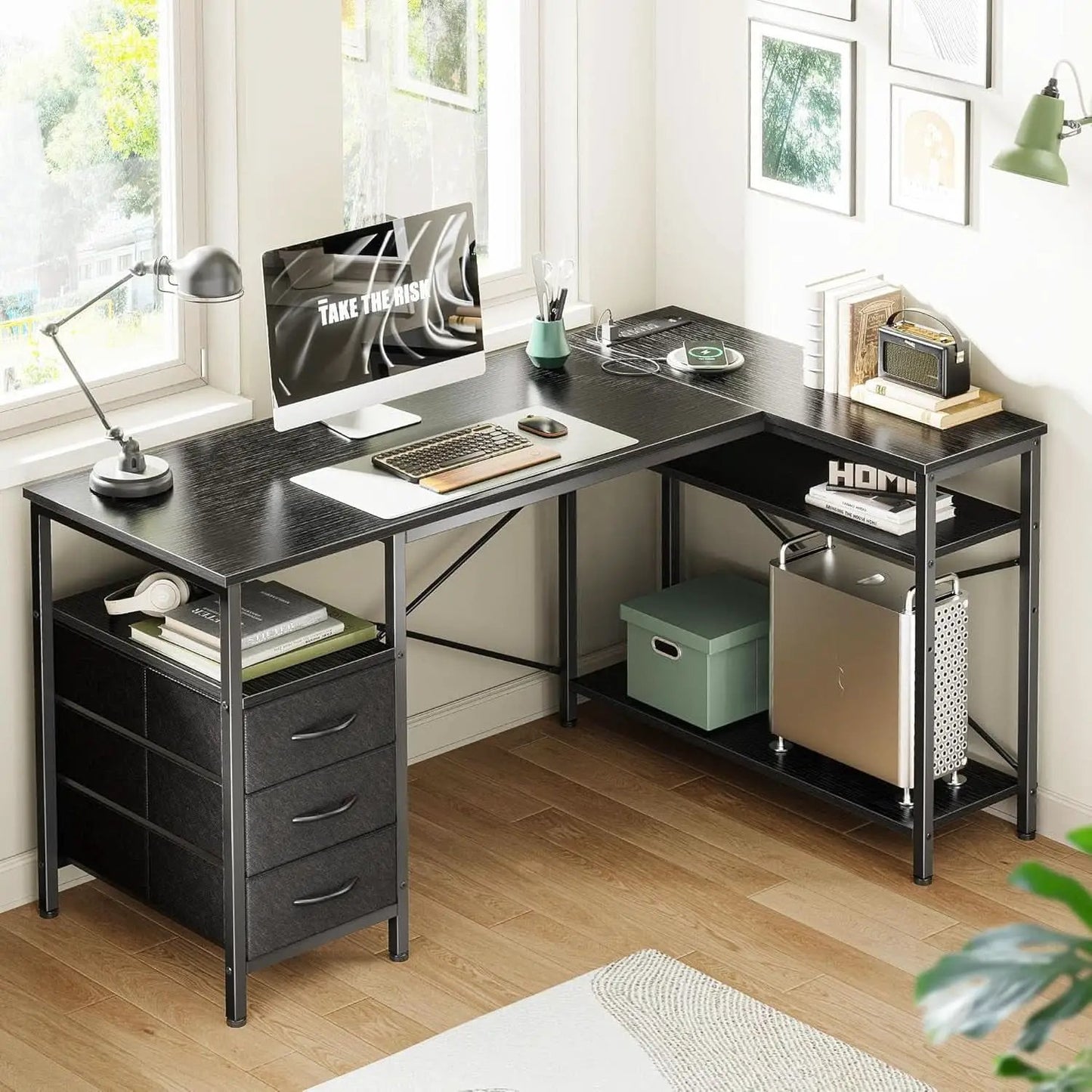 L Shaped Desk 47 Inch With Power Outlets And Ample Storage from PriceLows™