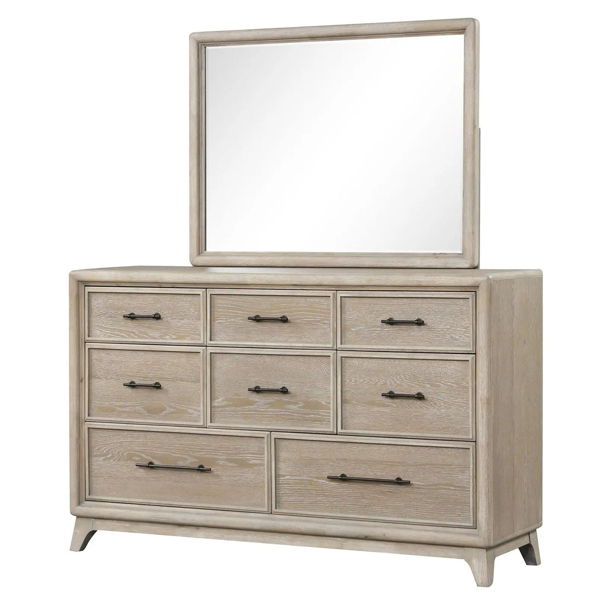8 Drawer Dresser With Mirror | Oak Finish | Solid Rubberwood | Transitional Style