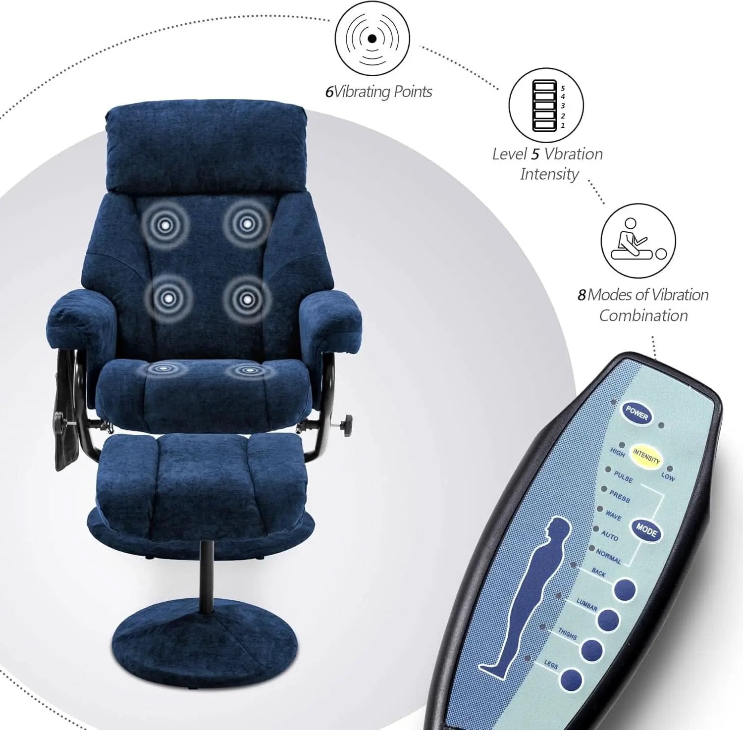 Swivel Recliner With Ottoman And Vibration Massage Blue Textile from PriceLows™