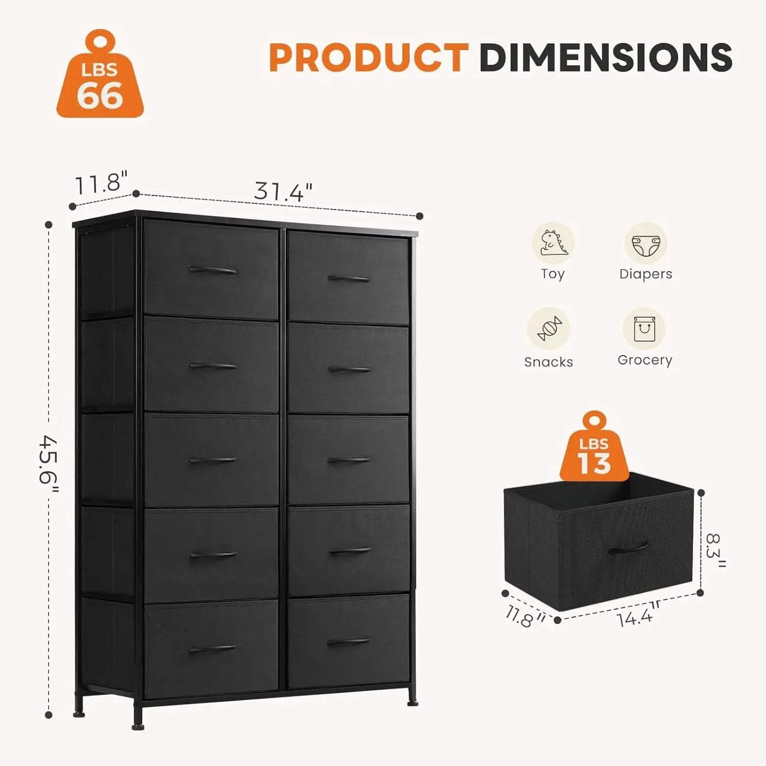 10 Drawer Dresser With Black Premium Fabric Finish And Durable Metal Frame For Bedroom Storage And Organization from PriceLows™