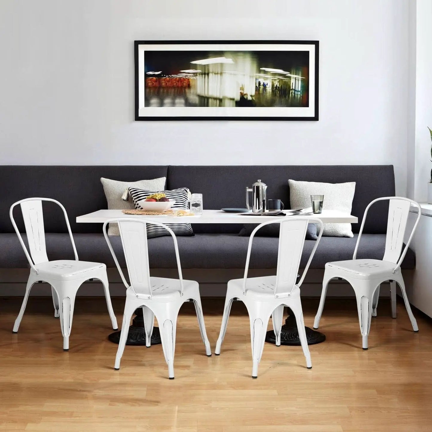 Stackable Distressed White Metal Dining Chairs For Indoor Outdoor Set Of 4 from PriceLows™