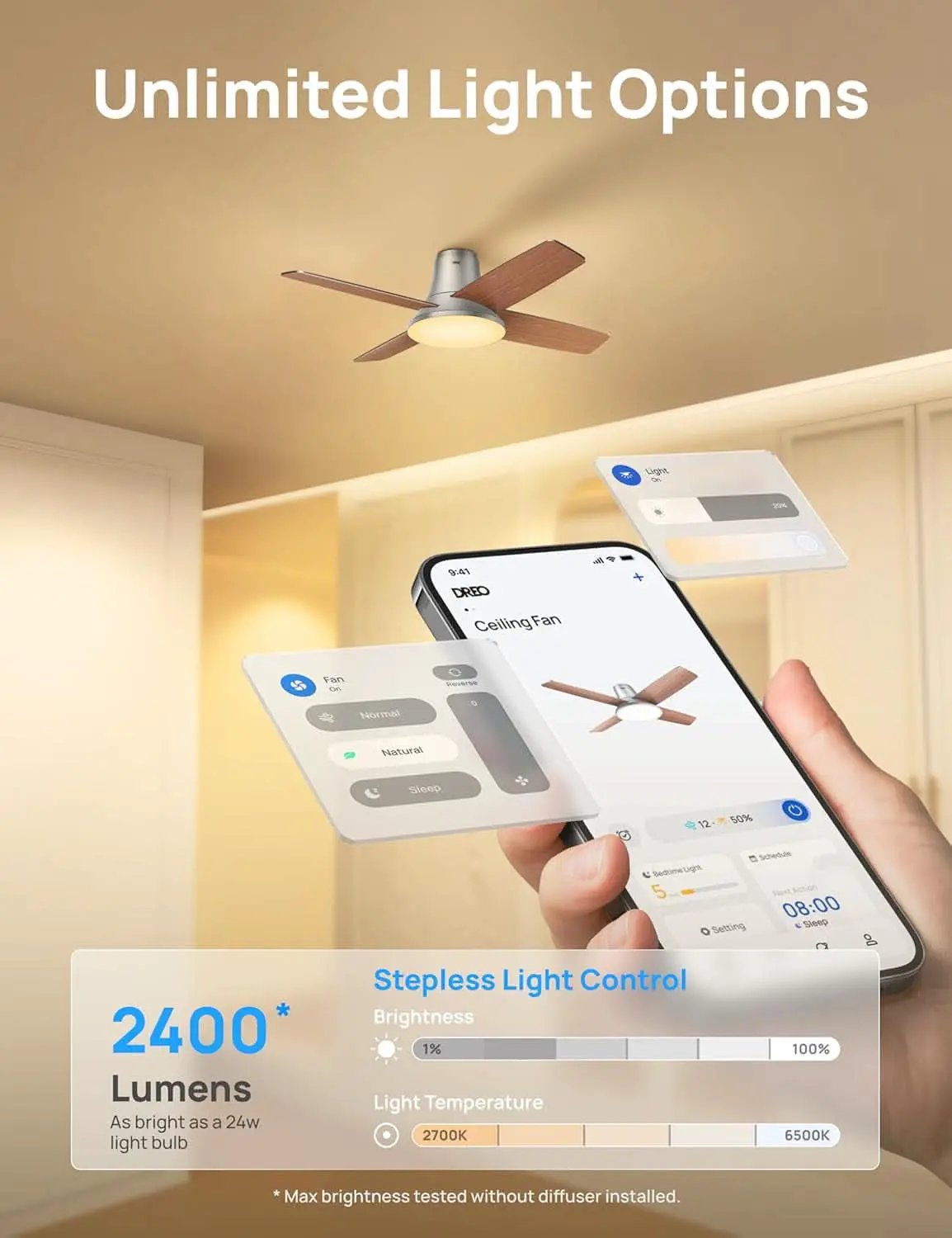 Smart Ceiling Fan 44 Inch Silver With Dimmable LED Light from PriceLows™