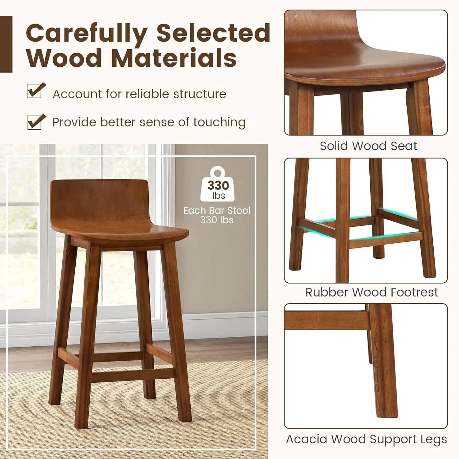 24.5 Inch Counter Height Farmhouse Wooden Bar Stool Set Of 2 With Brown Footrest And Low Back from PriceLows™
