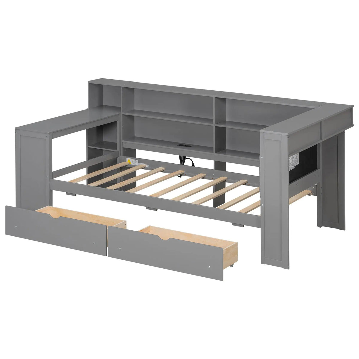 Upholstered Platform Storage Bed | Eight Open Shelves | Two Drawers | LED Lighting And Charging Station