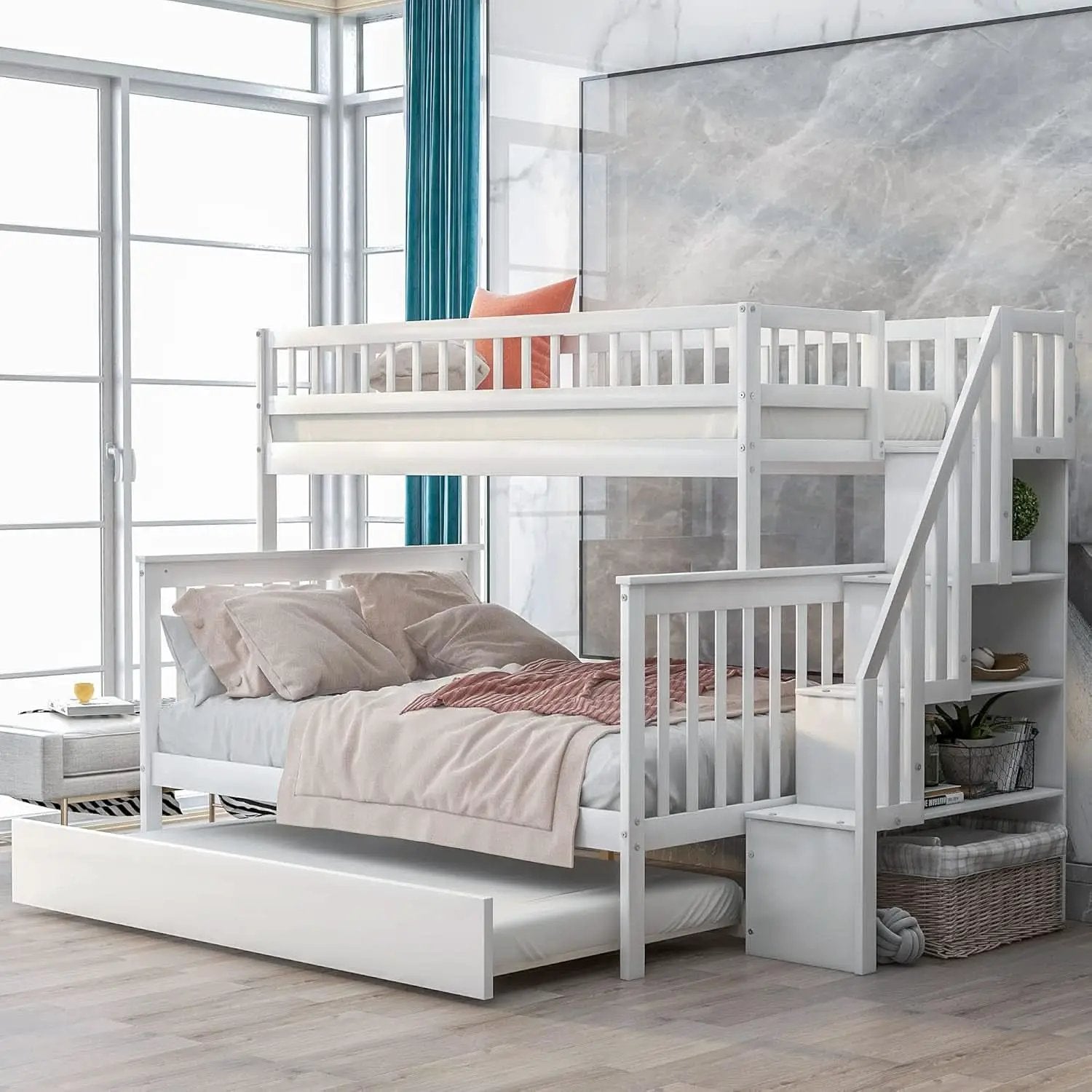 Twin Over Full Bunk Bed With Stairs And Trundle White Wood from PriceLows™